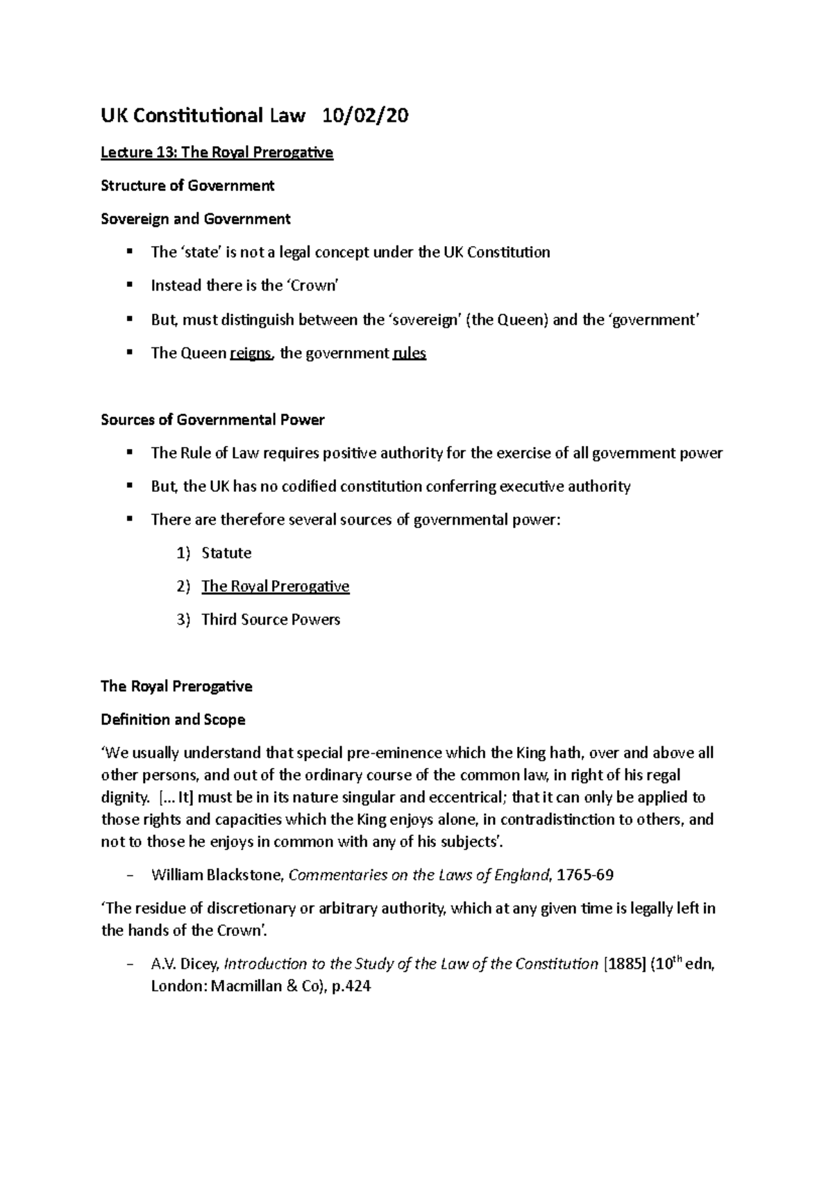 Lecture 13 The Royal Prerogative - UK Consituional Law 10/02/ Lecture ...