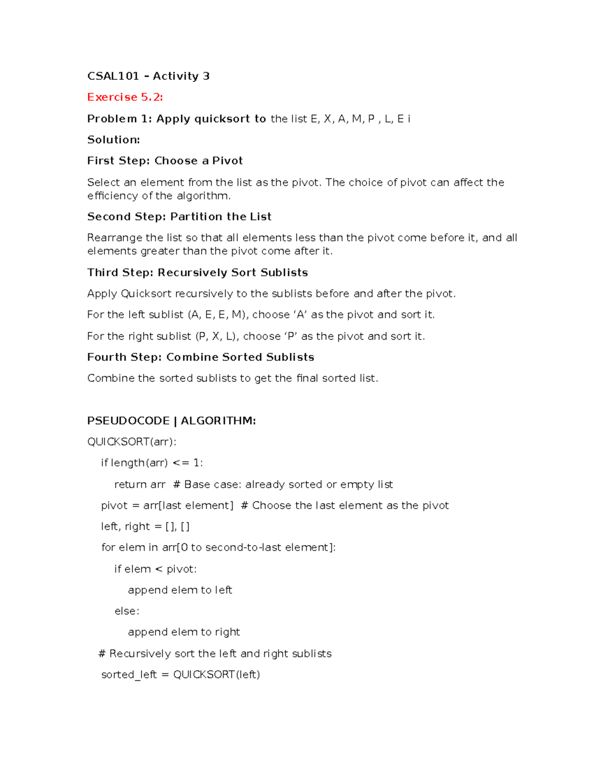 CSAL101 - Activity 3 - CSAL101 – Activity 3 Exercise 5: Problem 1 ...