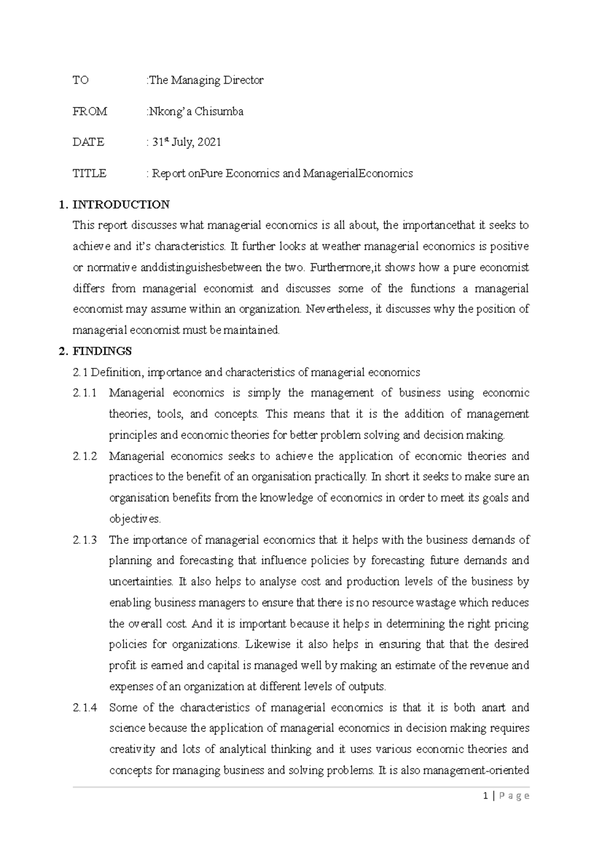 Assignment 1 - Business Law - TO :The Managing Director FROM :Nkong’a ...
