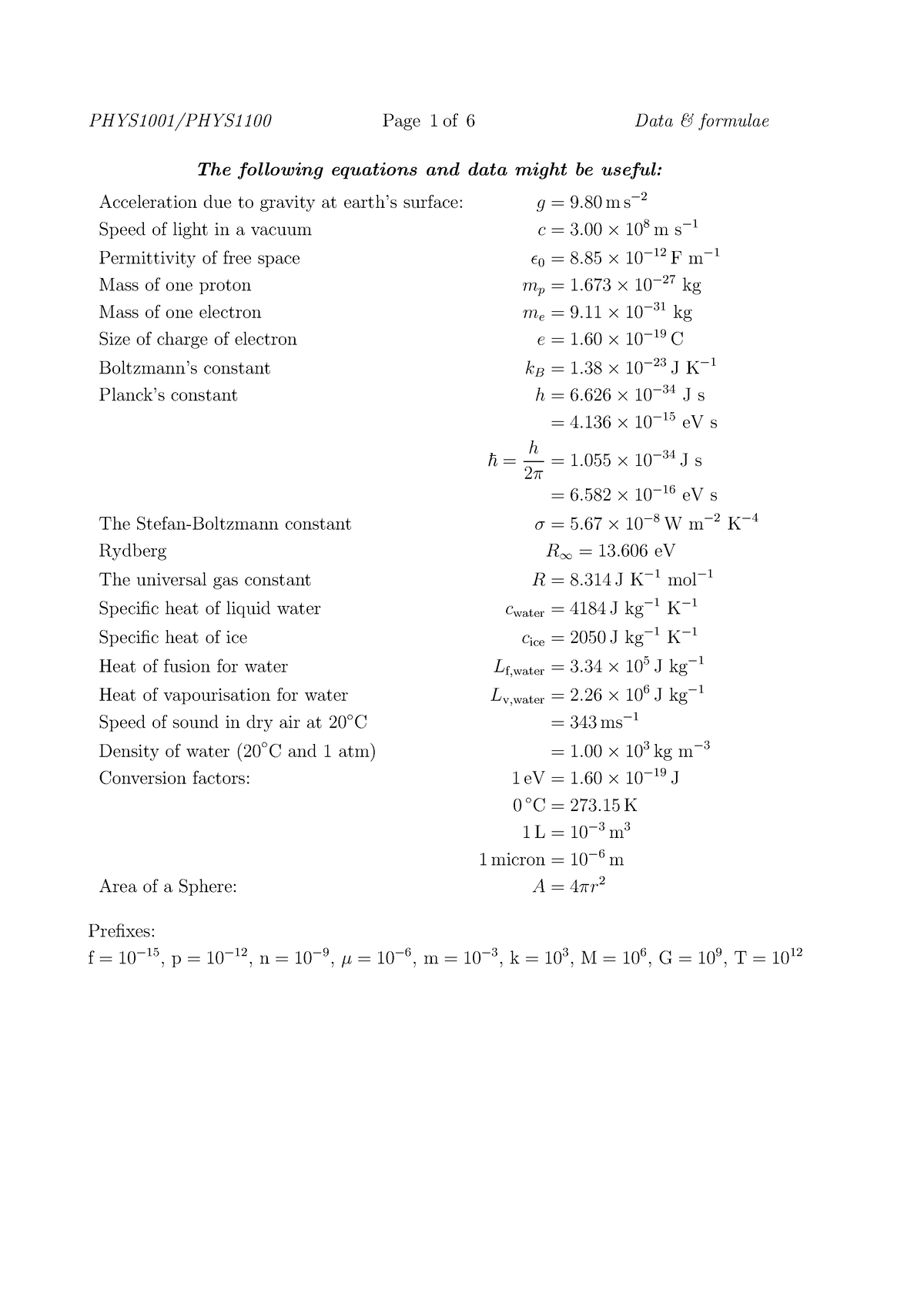 PHYS1001 PHYS1100 Equation Sheet - The following equations and data ...