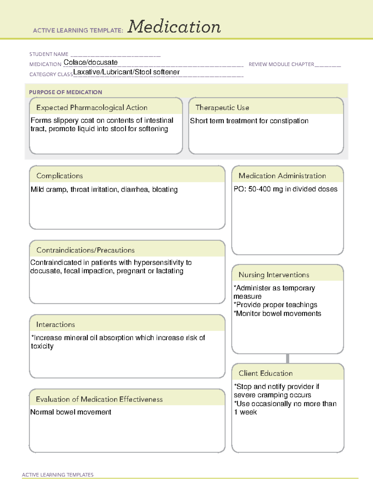 Colace Drug card - ACTIVE LEARNING TEMPLATES Medication STUDENT NAME ...