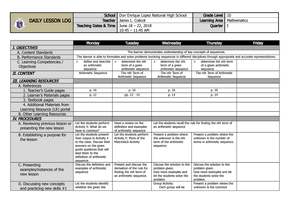 Sample Grade 10 DLL Q1W2 - DAILY LESSON LOG School Don Enrique Lopez ...