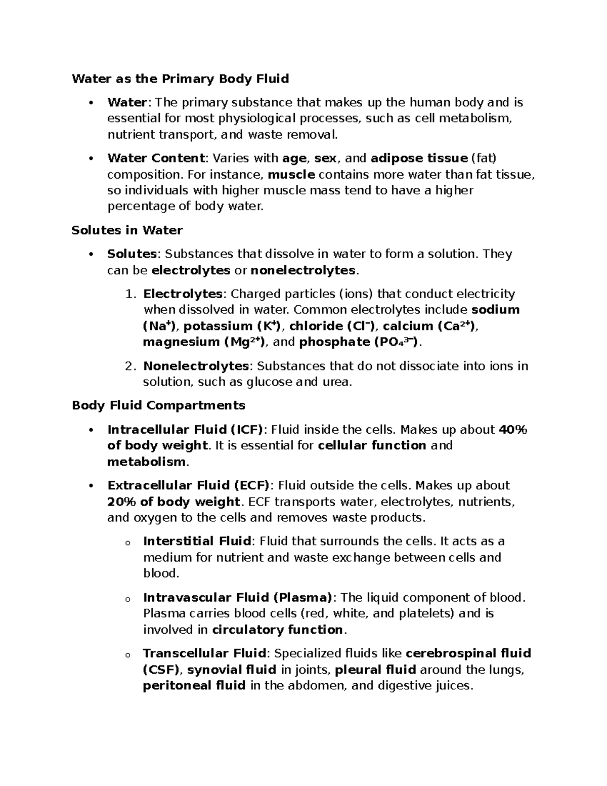 Chapter 35 Study Guide - Water as the Primary Body Fluid Water: The ...