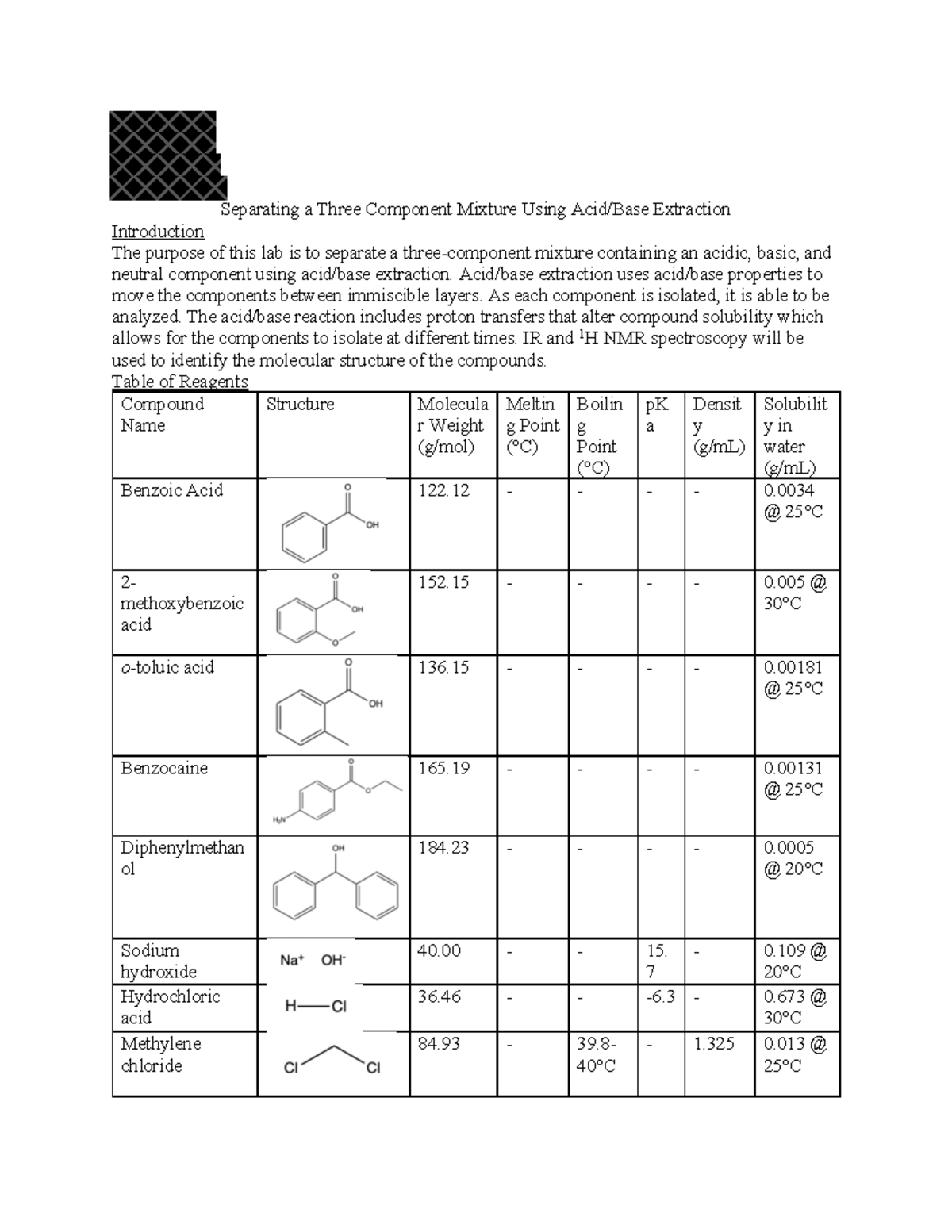 Acidbase extraction prelab Separating a Three Component Mixture Using Acid/Base Extraction