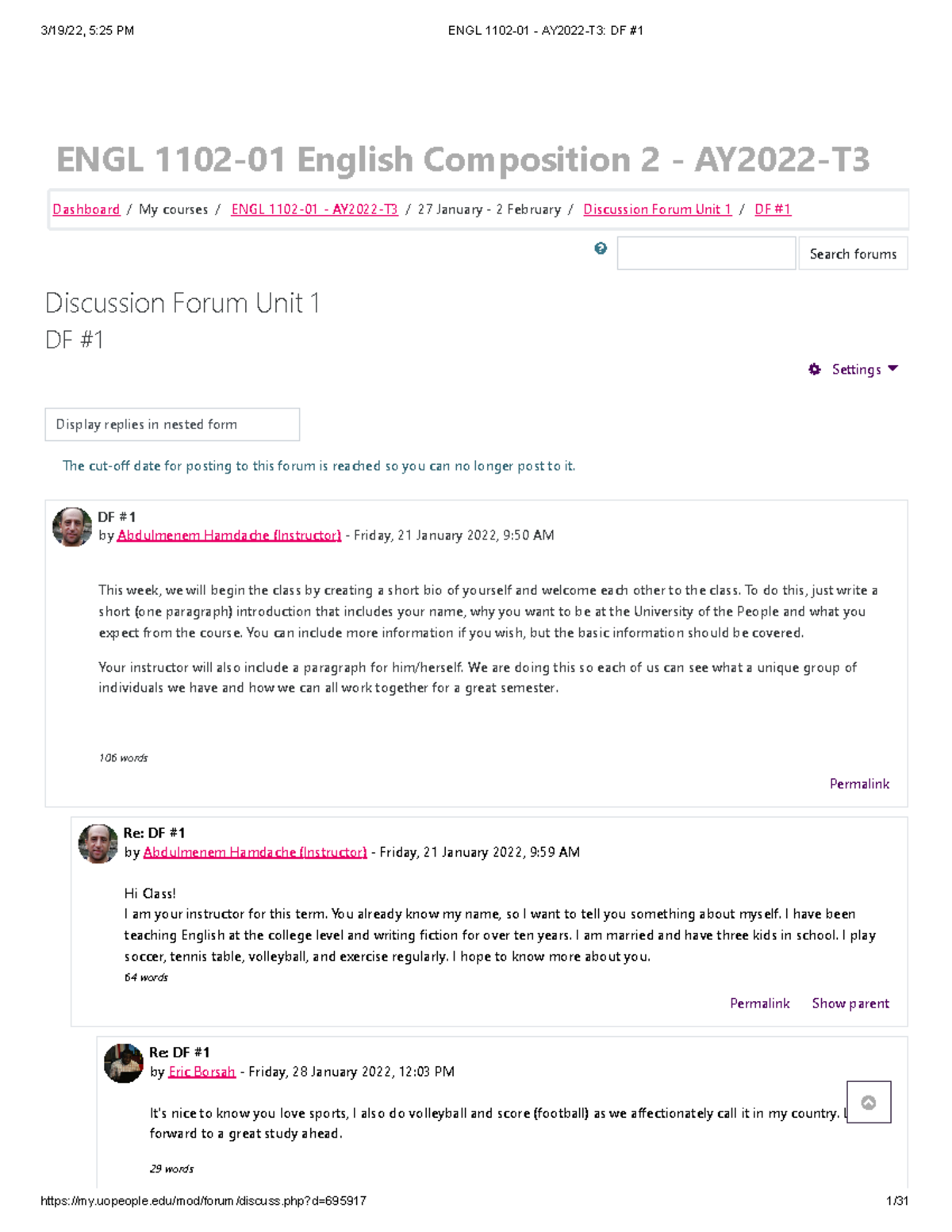 ENGL 1102-01 - AY2022-T3 DF #1 - ENGL 1102-01 English Composition 2 ...