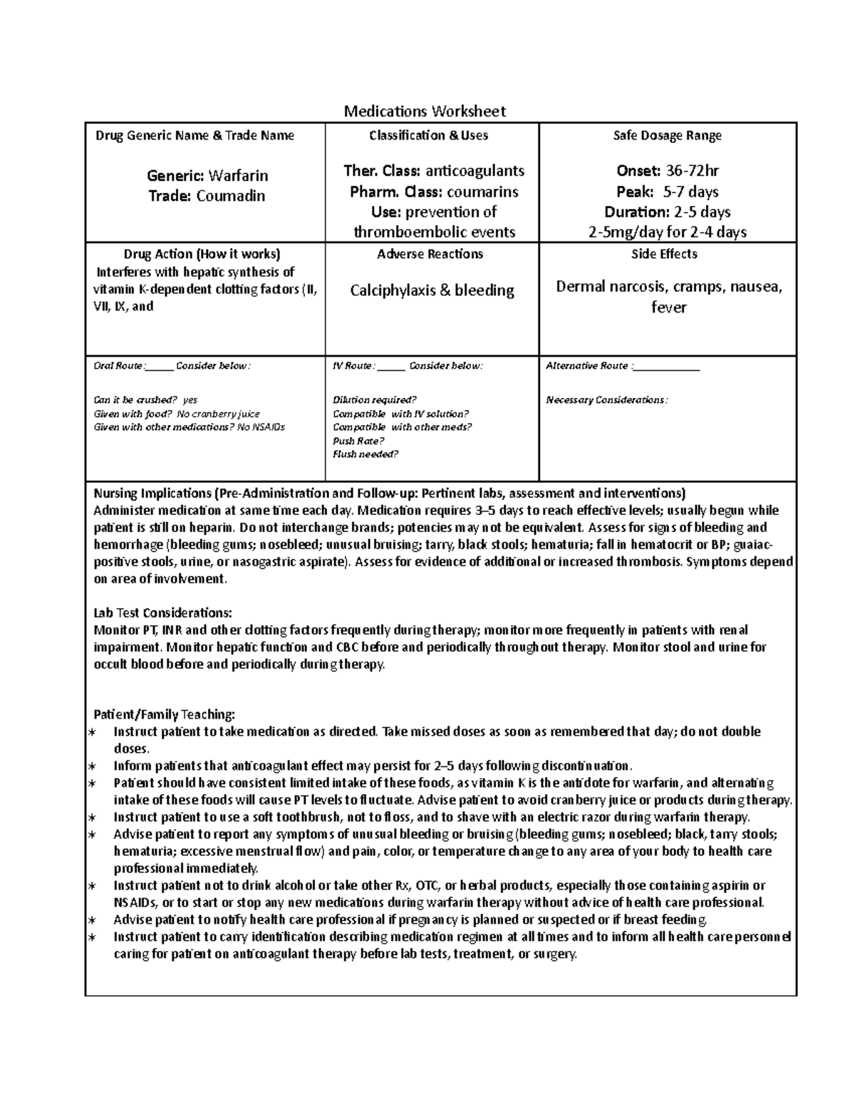 Coumadin - Medications Worksheet Drug Generic Name & Trade Name Generic ...