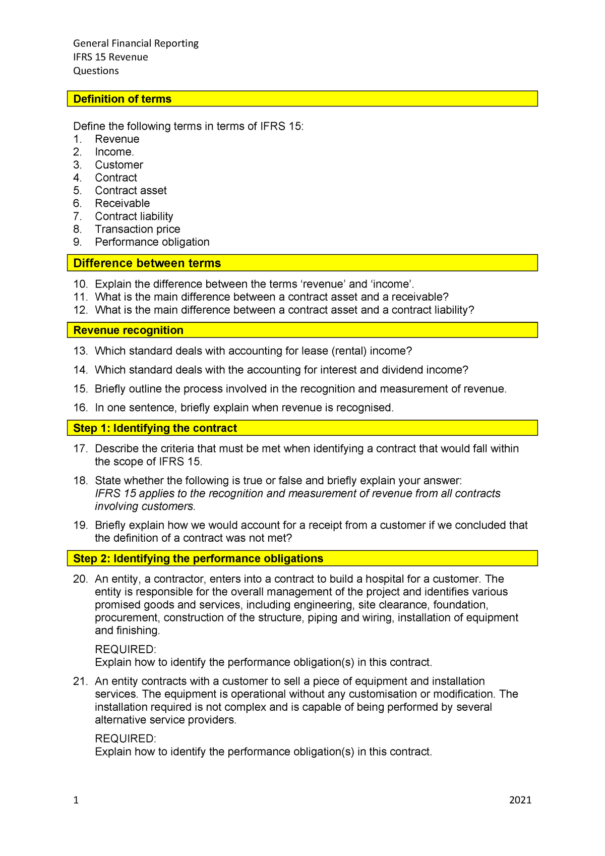 IFRS 15 Questions IFRS 15 Revenue Questions Definition Of Terms 