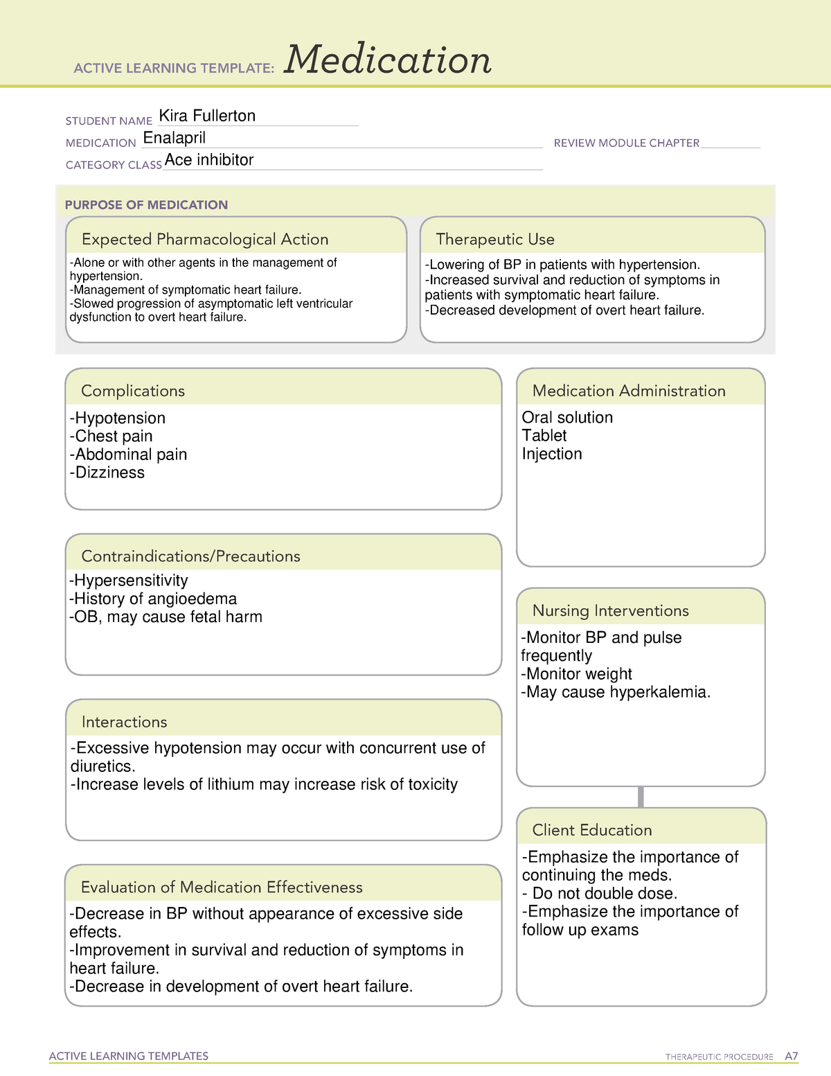 MED Enalapril ATI medications sheet ACTIVE LEARNING TEMPLATES