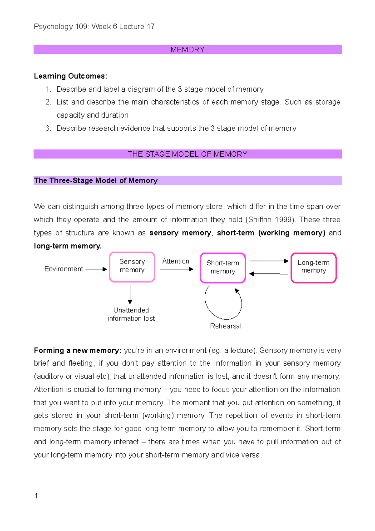 Lecture 17 - MEMORY Learning Outcomes: 1. Describe and label a diagram ...