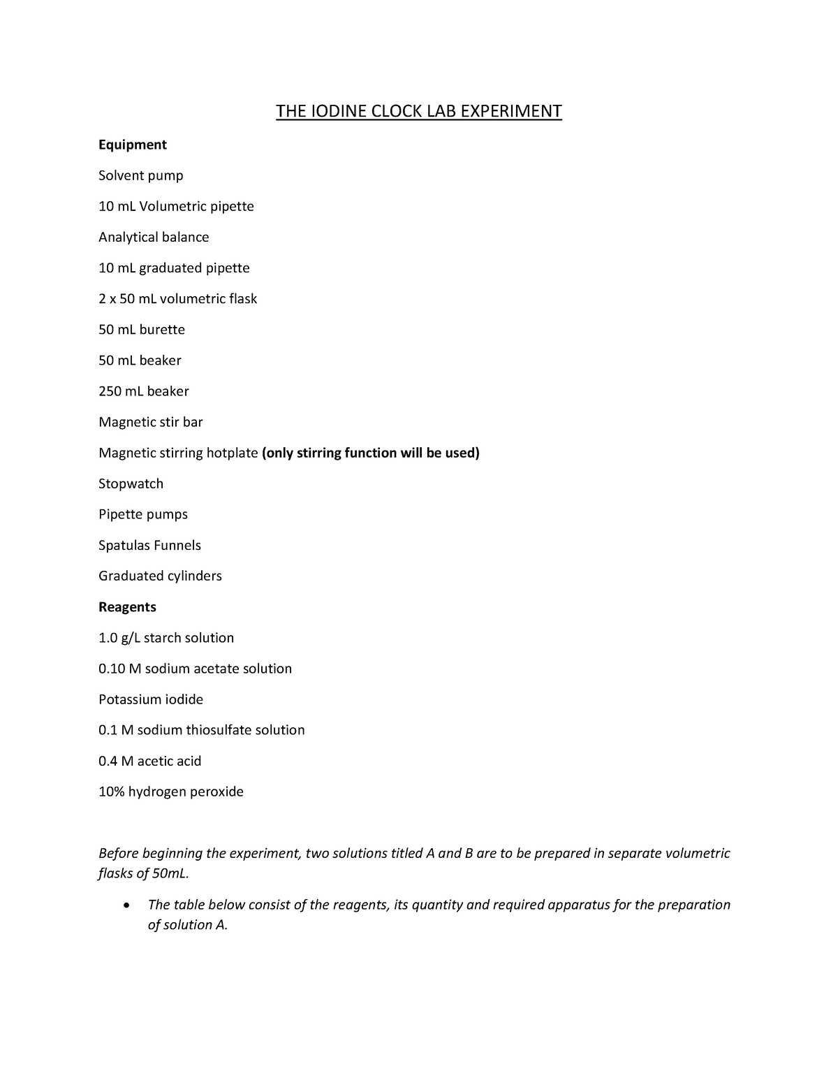 THE Iodine Clock LAB Experiment - THE IODINE CLOCK LAB EXPERIMENT ...