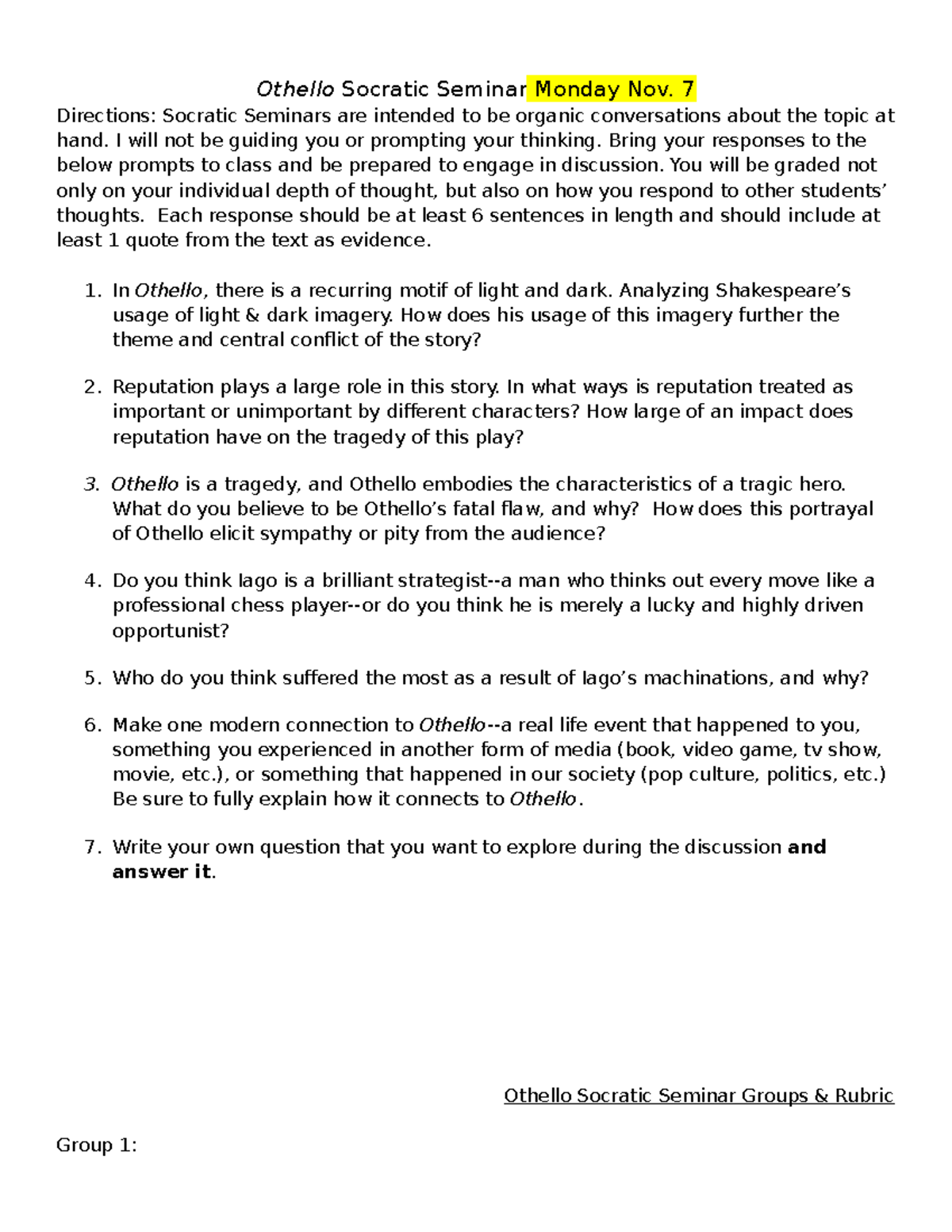 Adebayo Othello Socratic Seminar - Othello Socratic Seminar Monday Nov ...