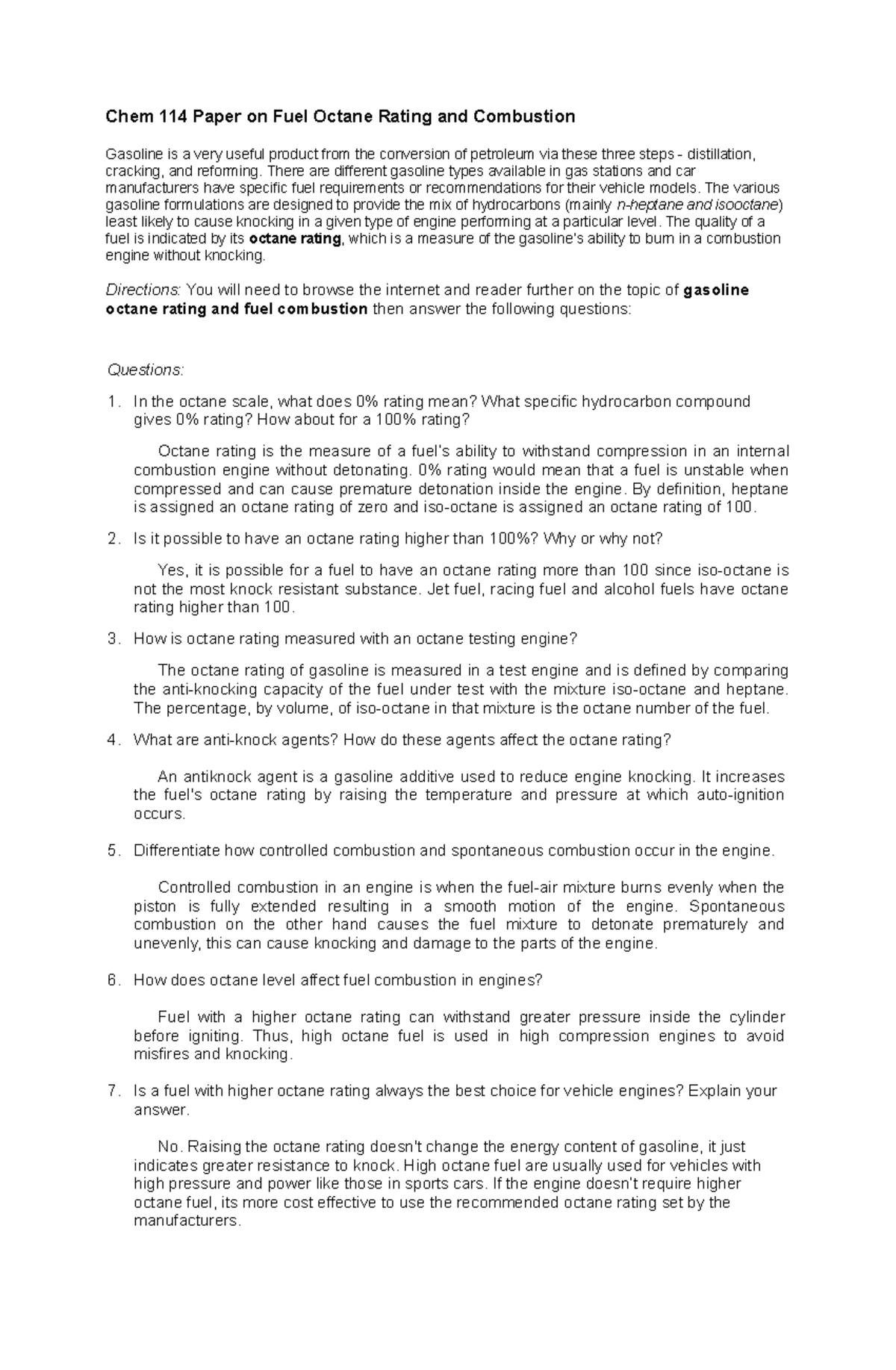 Paper on Fuel Octane Rating and Combustion There are different