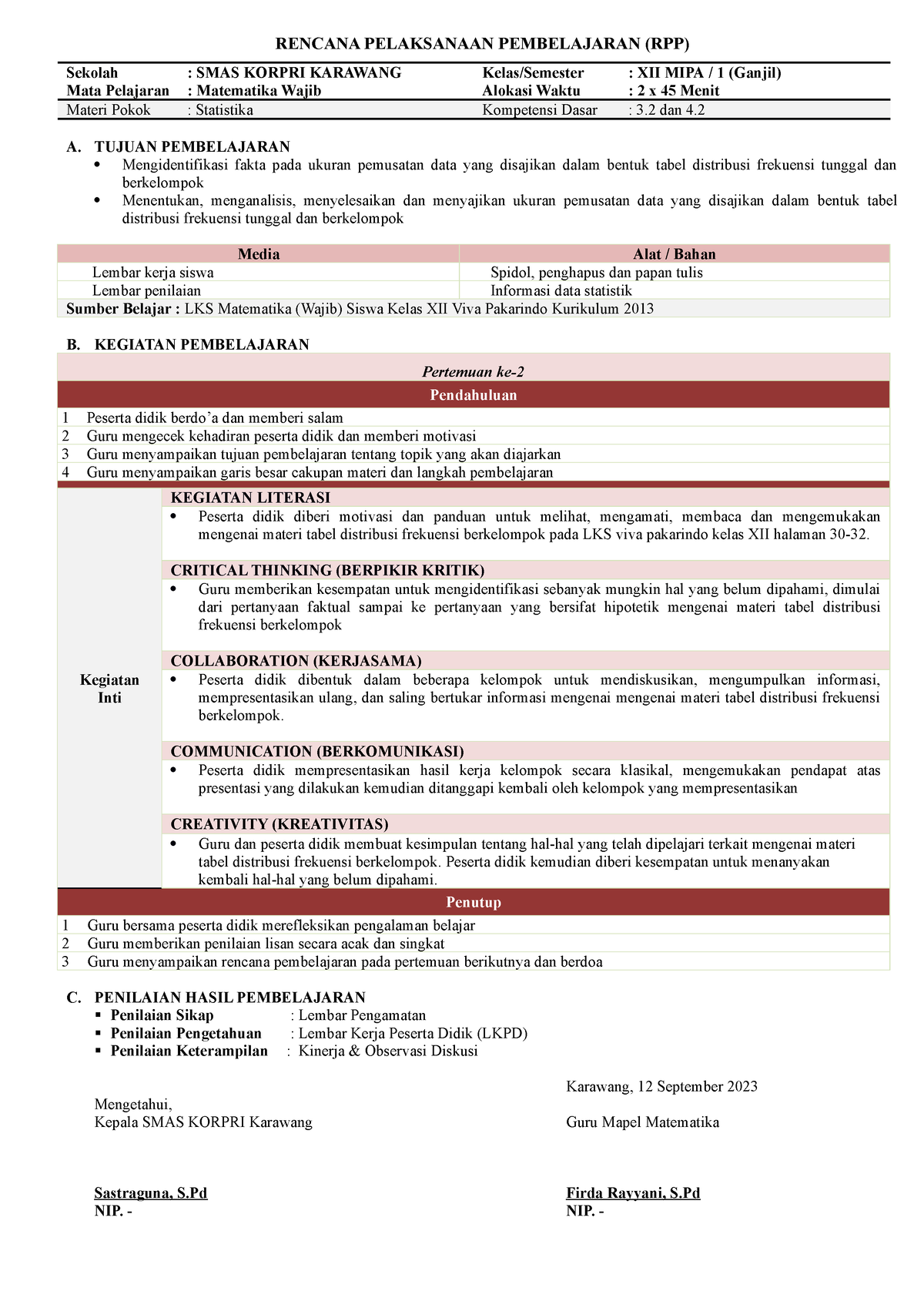 RPP Kelas XII Supervisi - RENCANA PELAKSANAAN PEMBELAJARAN (RPP ...