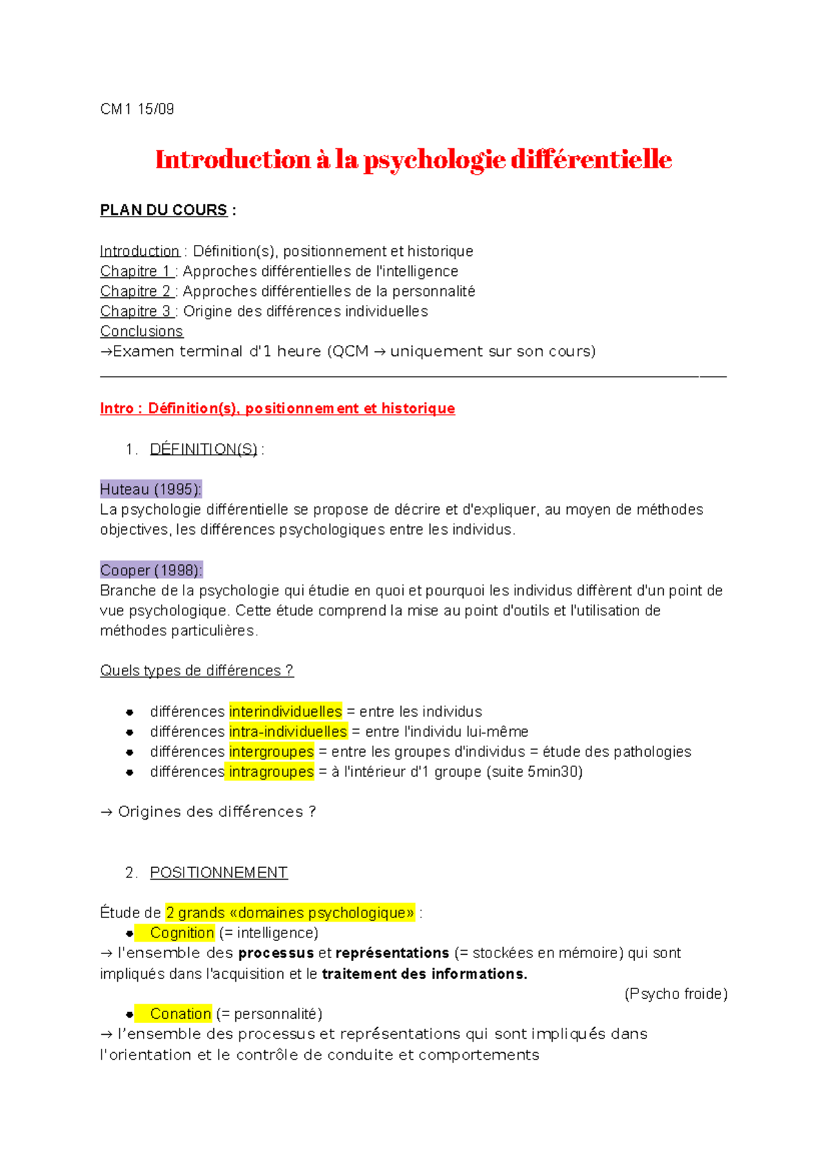 L1 CM1 Psycho différentielle - CM1 15/ Introduction à la psychologie ...