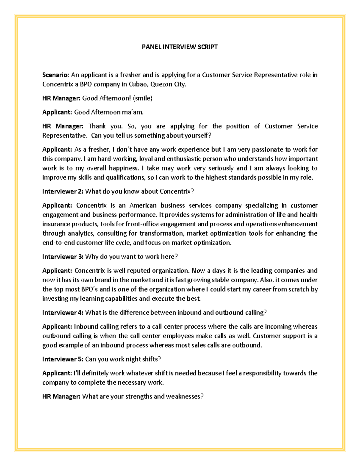 Panel Interview Script - PANEL INTERVIEW SCRIPT Scenario: An applicant ...
