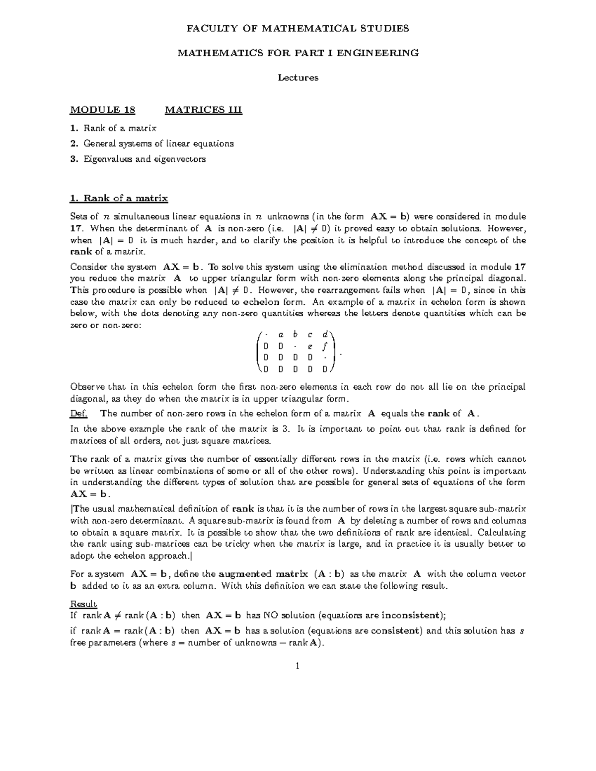 Lecture notes, lecture 3 - Matr - FACULTY OF MATHEMATICAL STUDIES ...