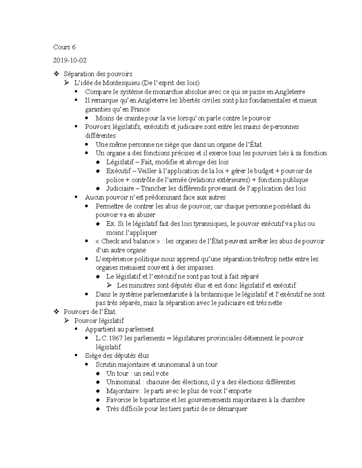 Cours 8 - Résumé du cours - Cours 6 2019-10- Séparation des pouvoirs L ...