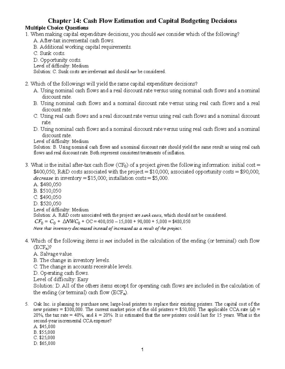 Supplementaryproblems.Chapter14 1 - Chapter 14: Cash Flow Estimation ...