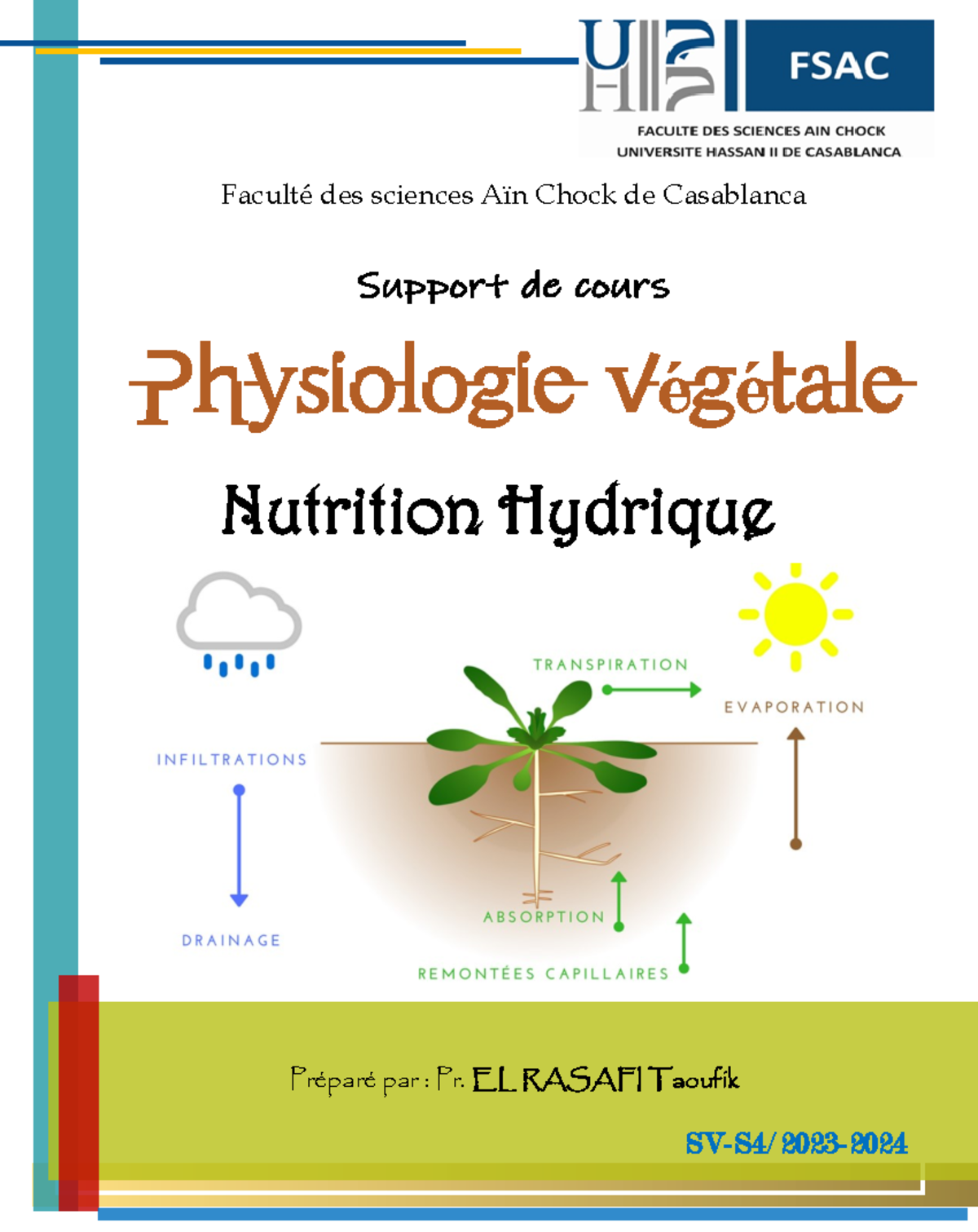 Cours Physiologie végétale S4 FSAC 2024 Faculté des sciences Aïn