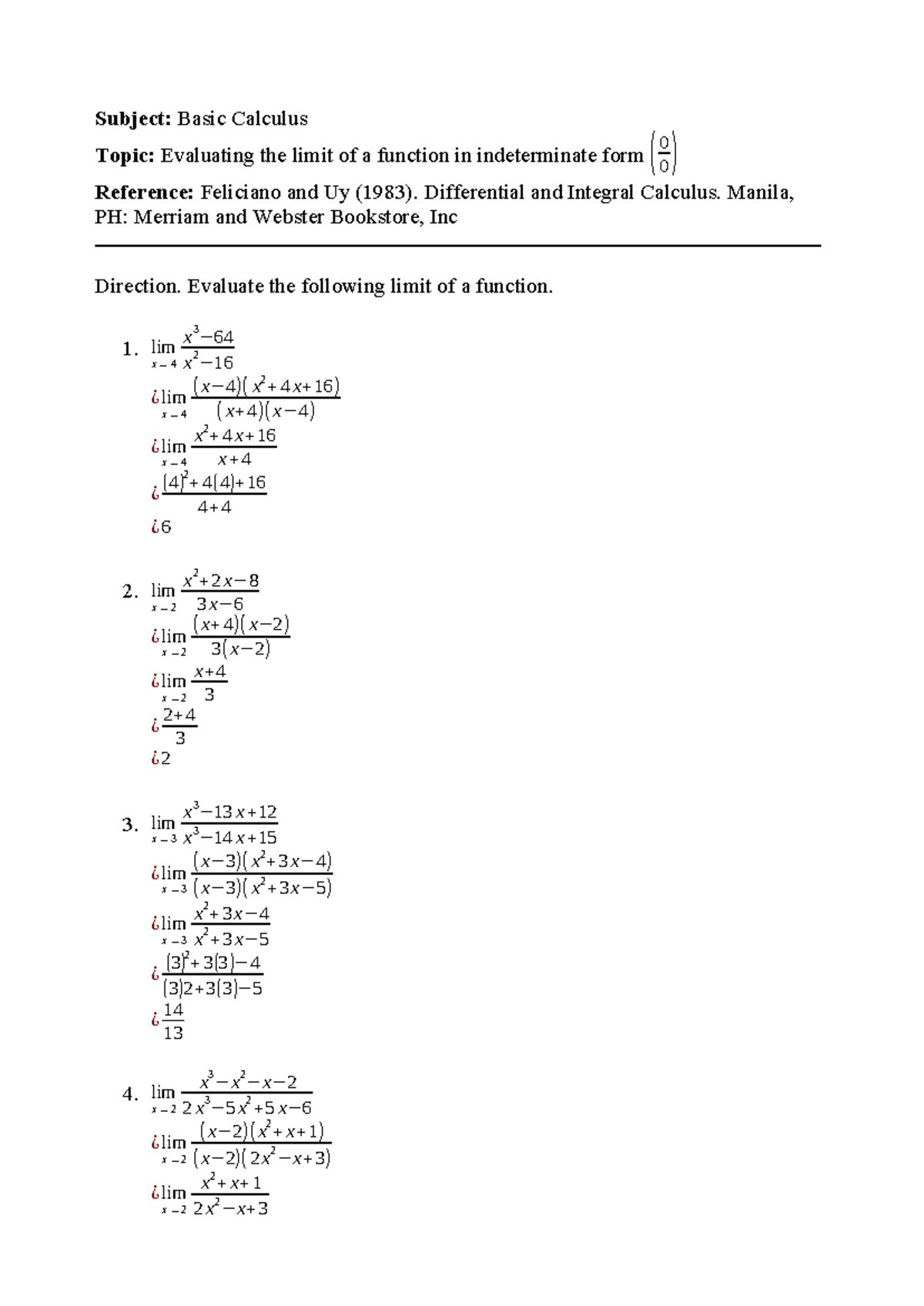 Evaluating Limits of a Function in Indeterminate Form Basic Calculus