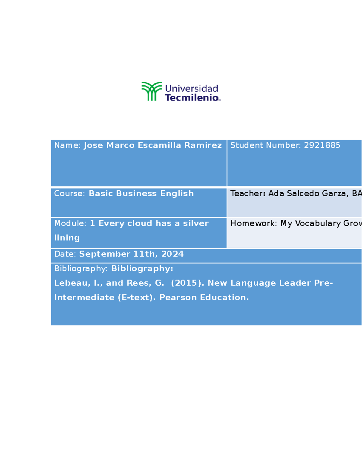 Homework 2 Basic English Tecmilenio - Ingles basico - Name: Jose Marco ...