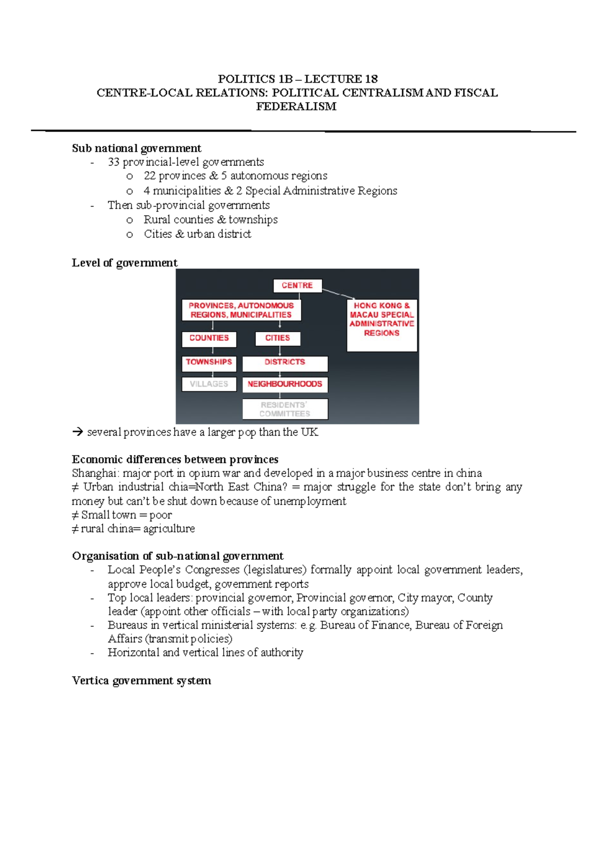 Politics 1B - Lecture 18 - POLITICS 1B – LECTURE 18 CENTRE-LOCAL ...