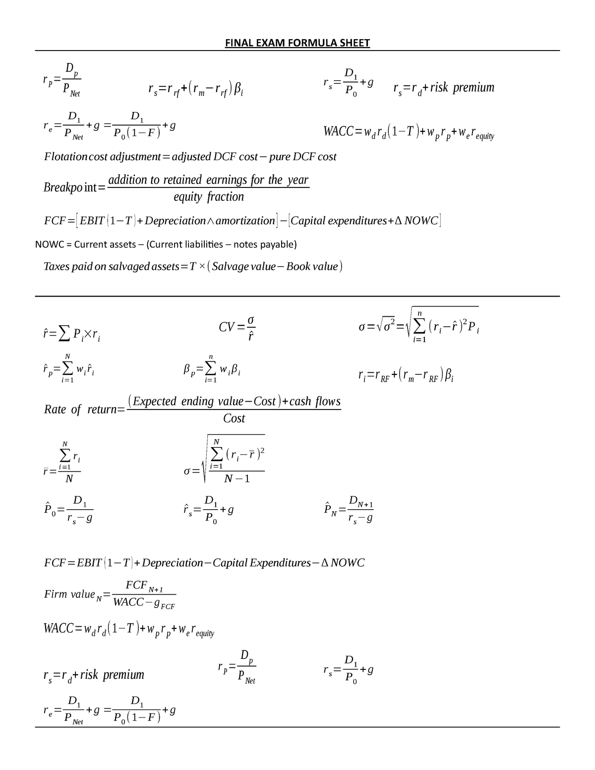 Final Exam Formula Sheet - FINAL EXAM FORMULA SHEET r P= Dp P Net re ...