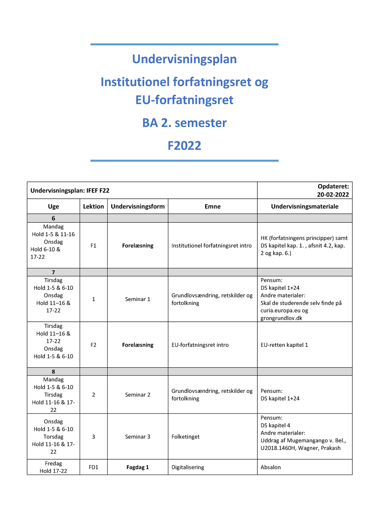 IFEF Undervisningsplan F22 - Undervisningsplan Institutionel ...