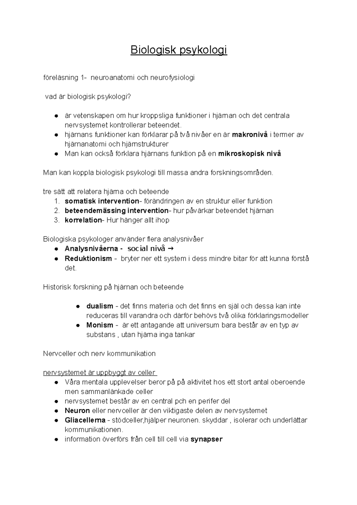 Biologisk Psykologi - Anteckningar - Biologisk Psykologi Föreläsning 1 ...