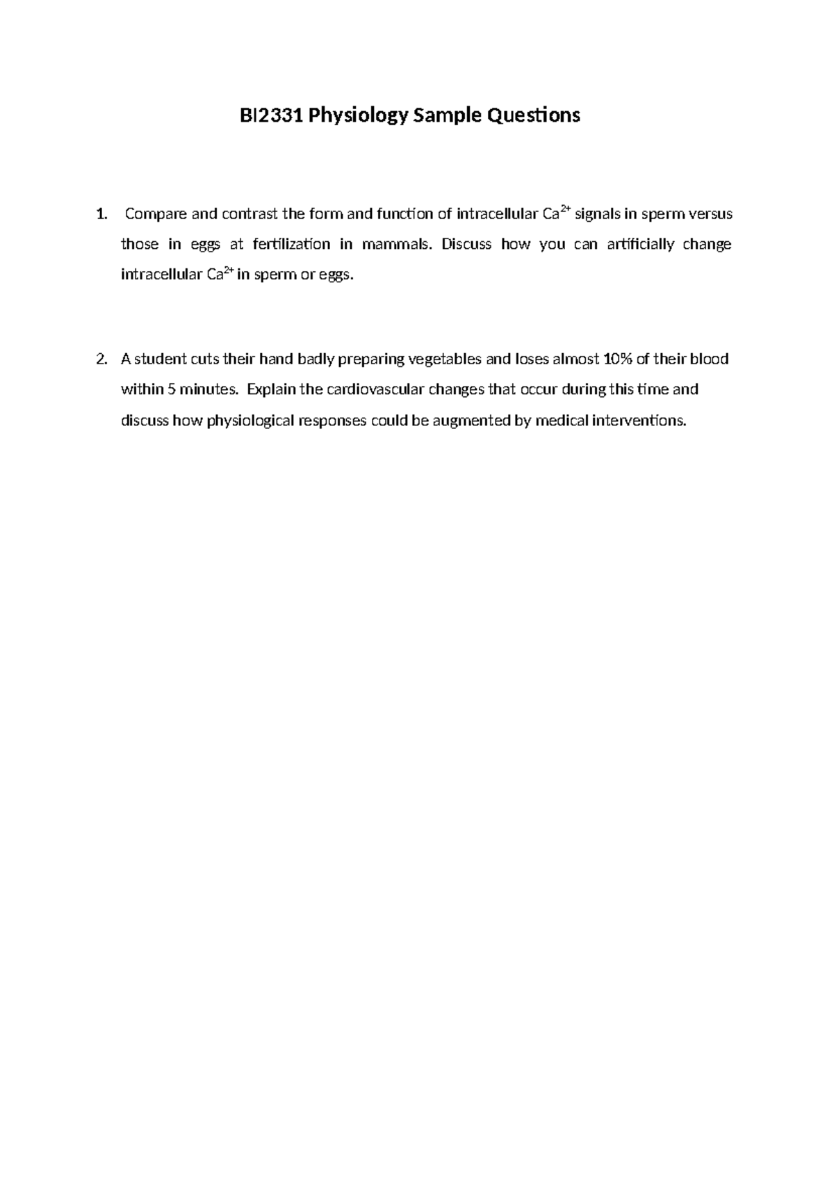 Sample Essay Questions - BI2331 Physiology Sample Questions 1. Compare ...