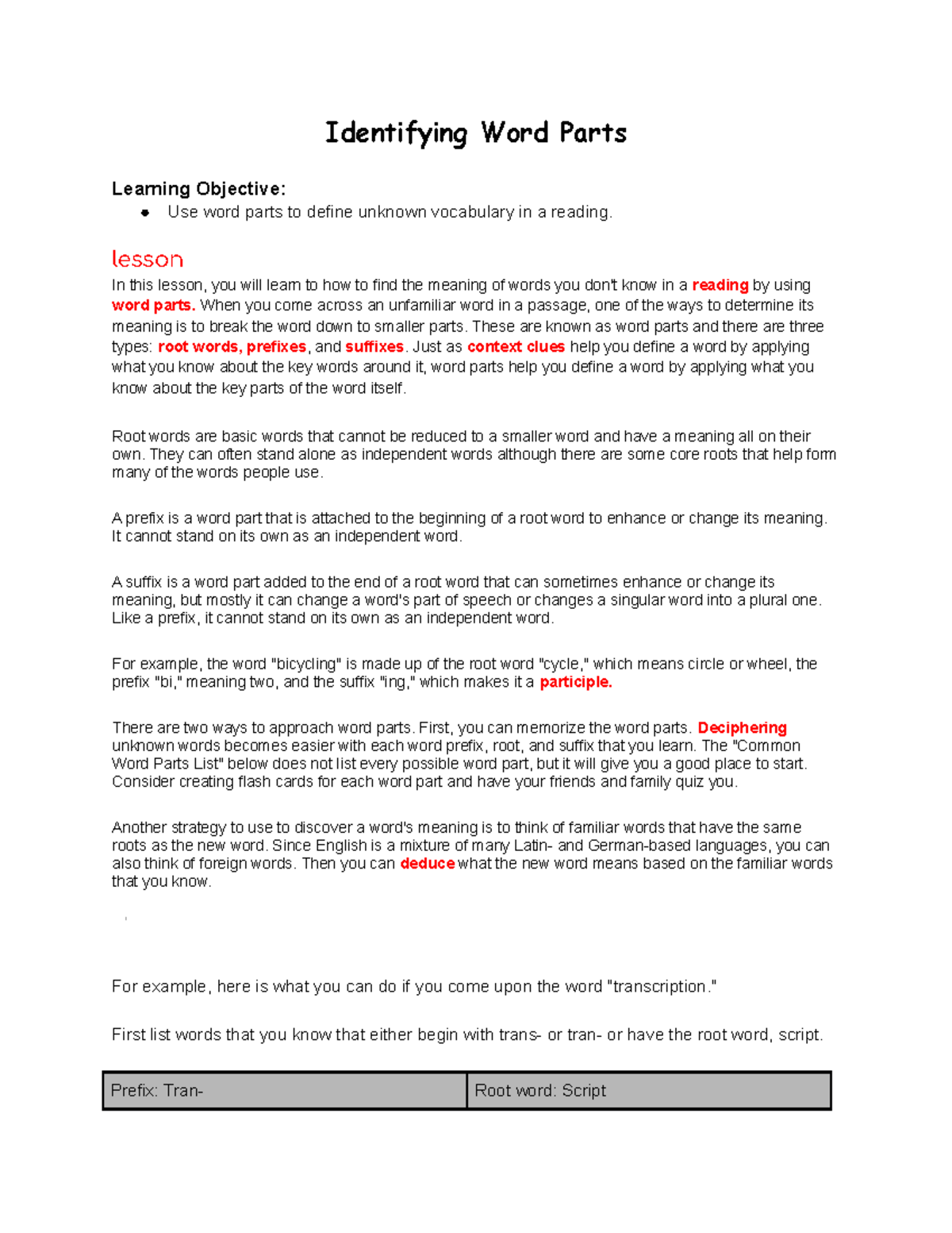 Identifying Word Parts (may0423 Identifying Word Parts Learning