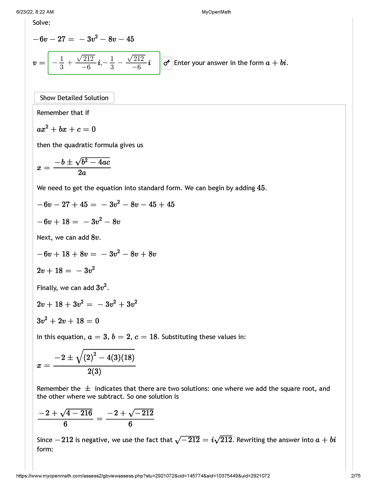 My Open Math - IGNORE DATES ON NOTES - Solve: − 3 1 + − 212 i