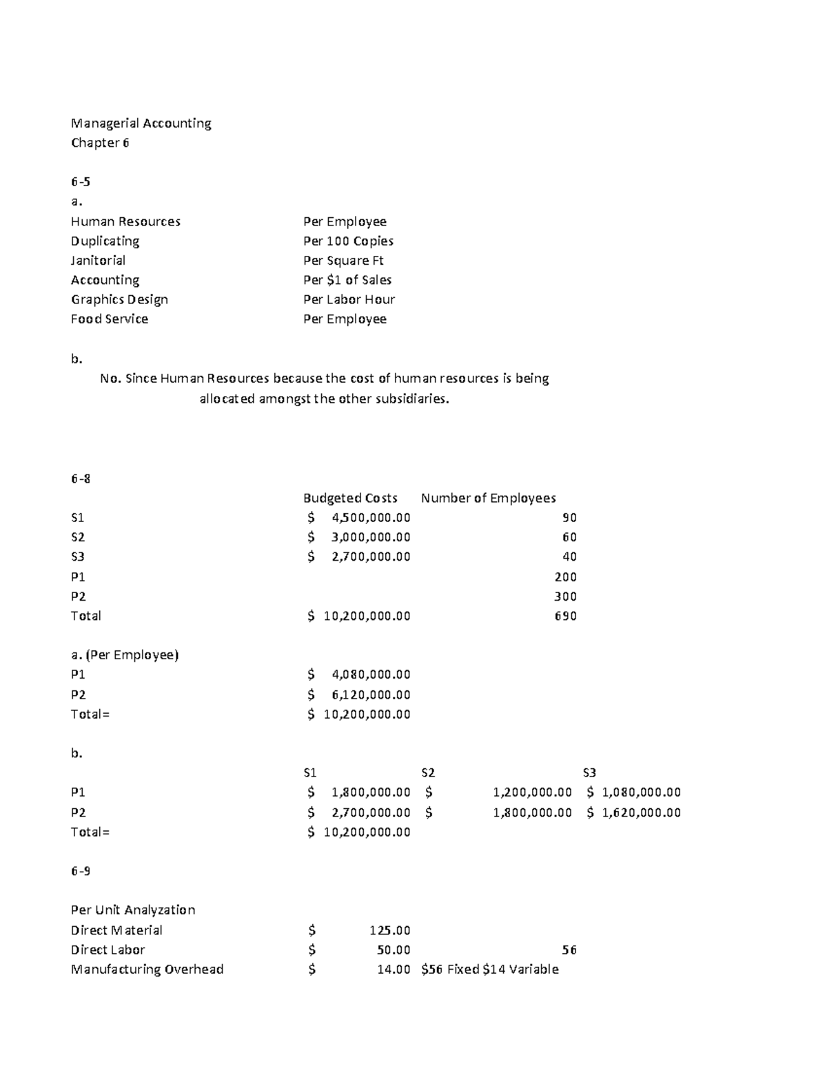 Week 5 - Week 5 Homework - Managerial Accounting Chapter 6 6- a. Human ...