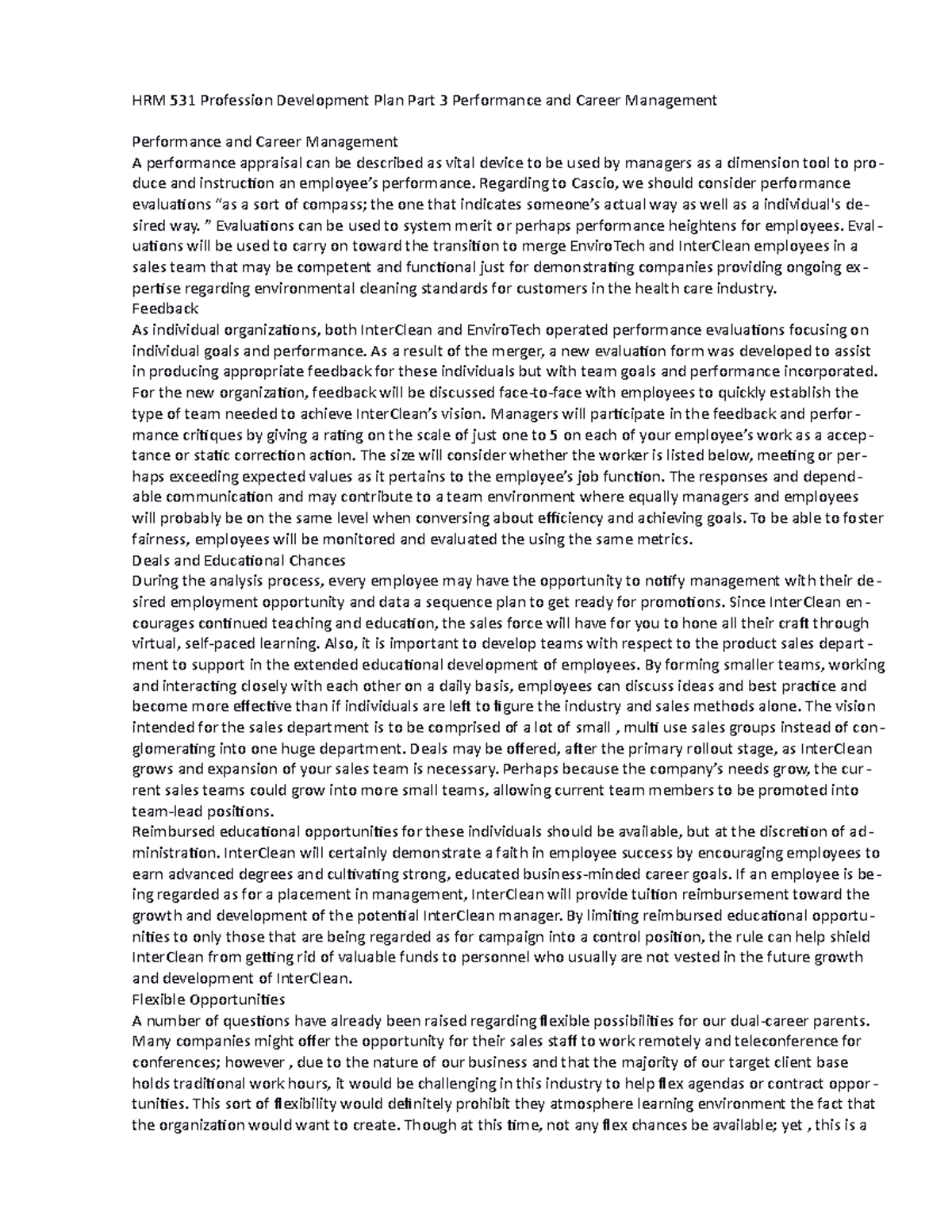 HRM 531 Career Development Plan Part 3 Performance and Career