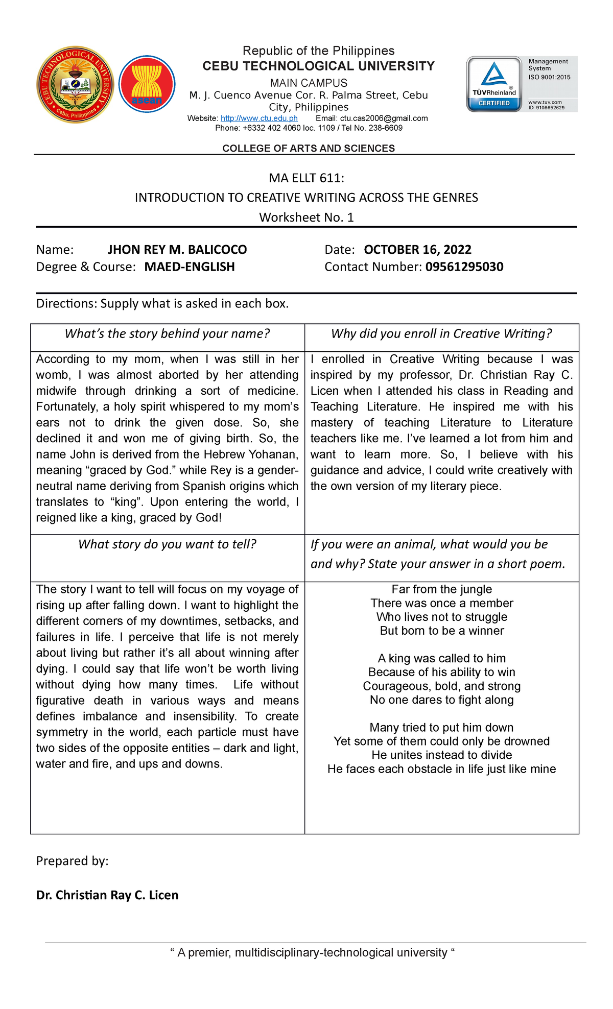 JHON REY Balicoco- CW Worksheet No. 1 - Republic of the Philippines ...