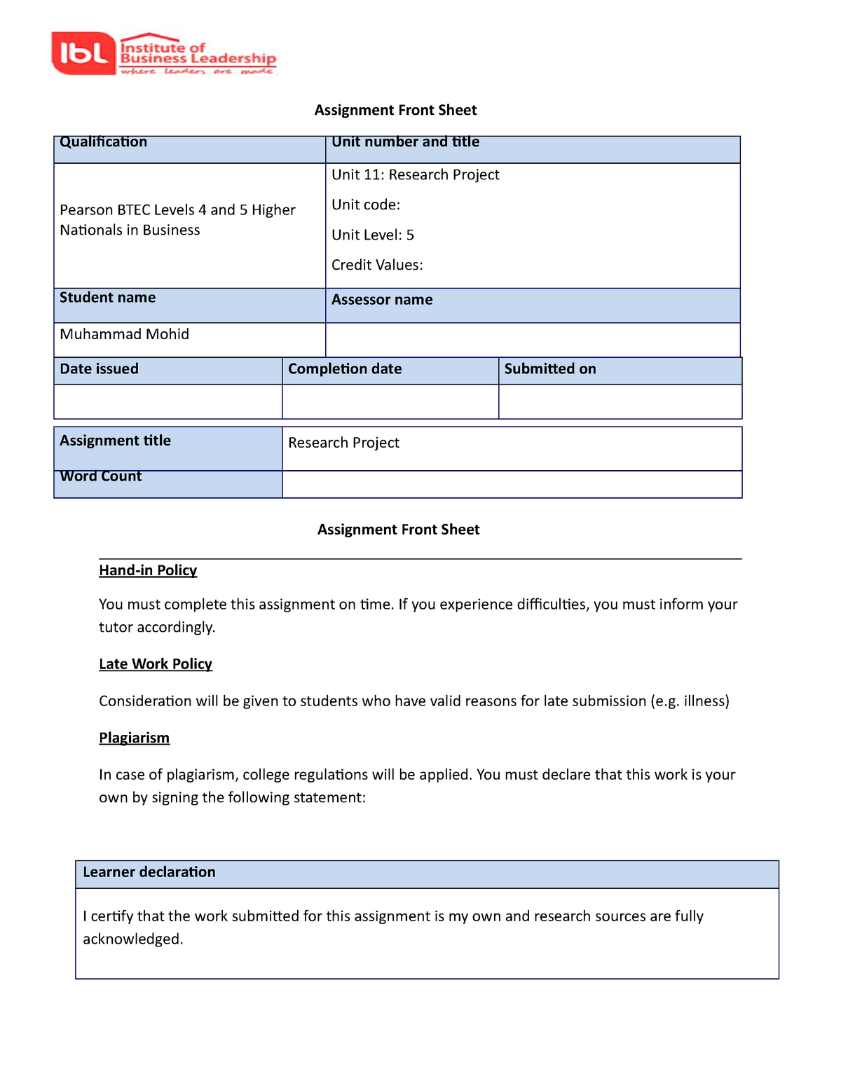 research project hnd assignment