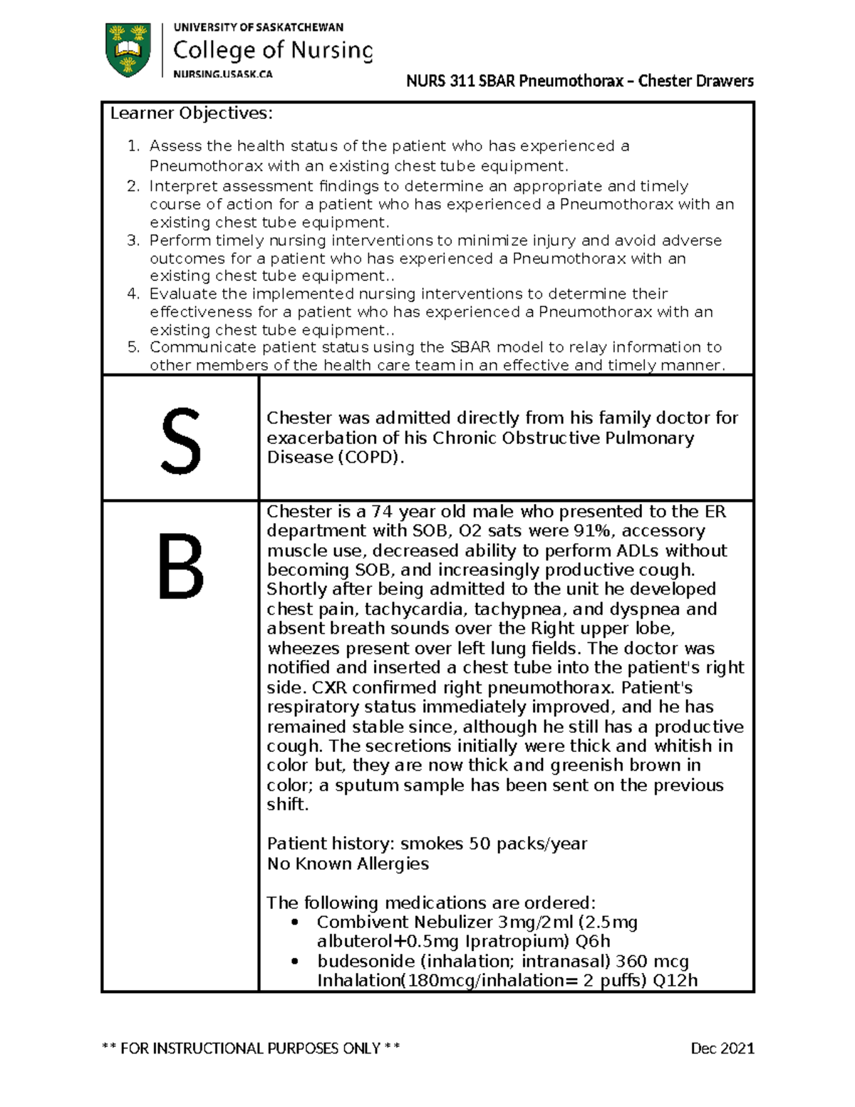 311 SBAR - SIM - NURS 311 SBAR Pneumothorax – Chester Drawers Learner ...