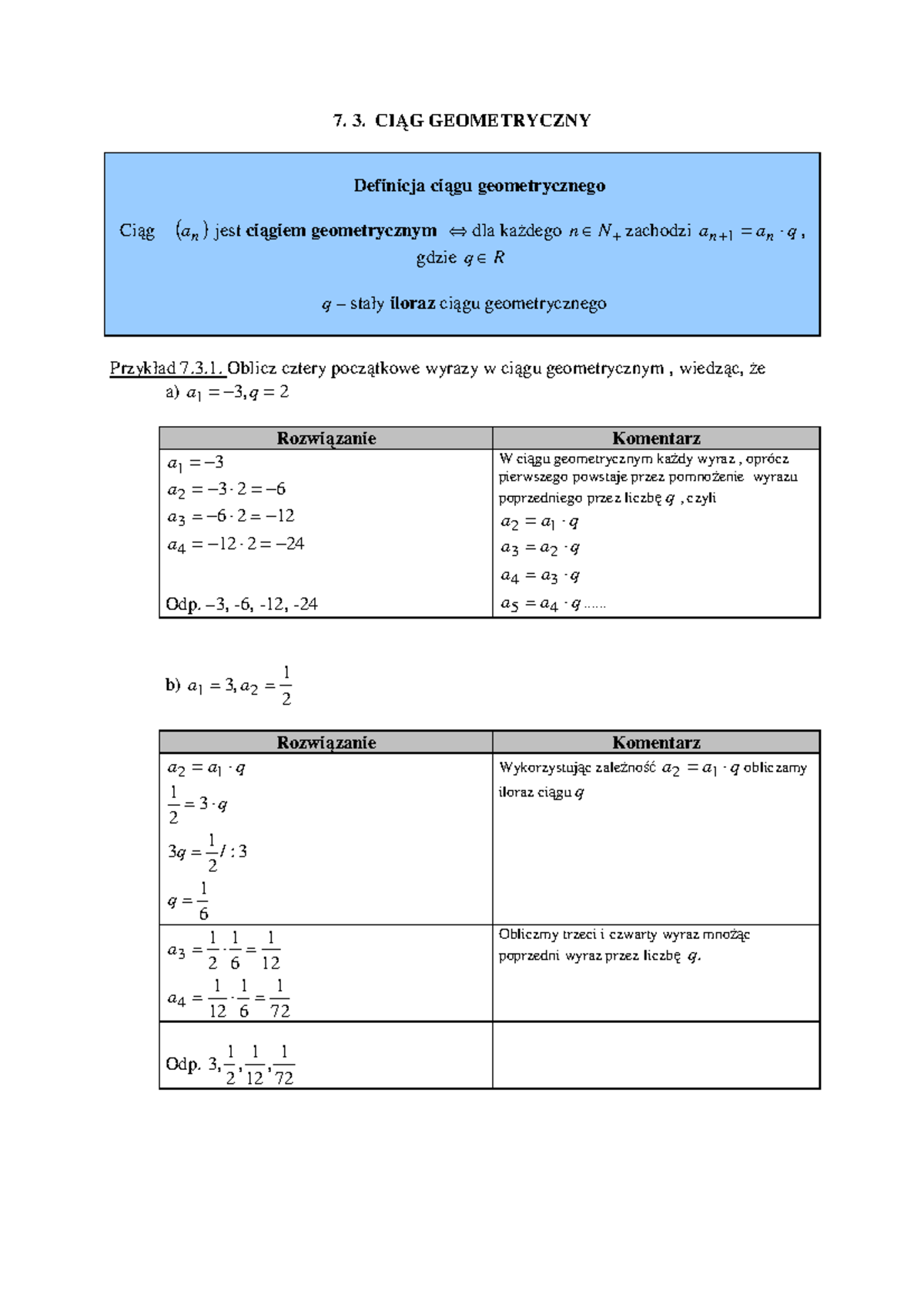 7.3. Cišg geometryczny - 7. 3. CIĄG GEOMETRYCZNY Definicja ciągu