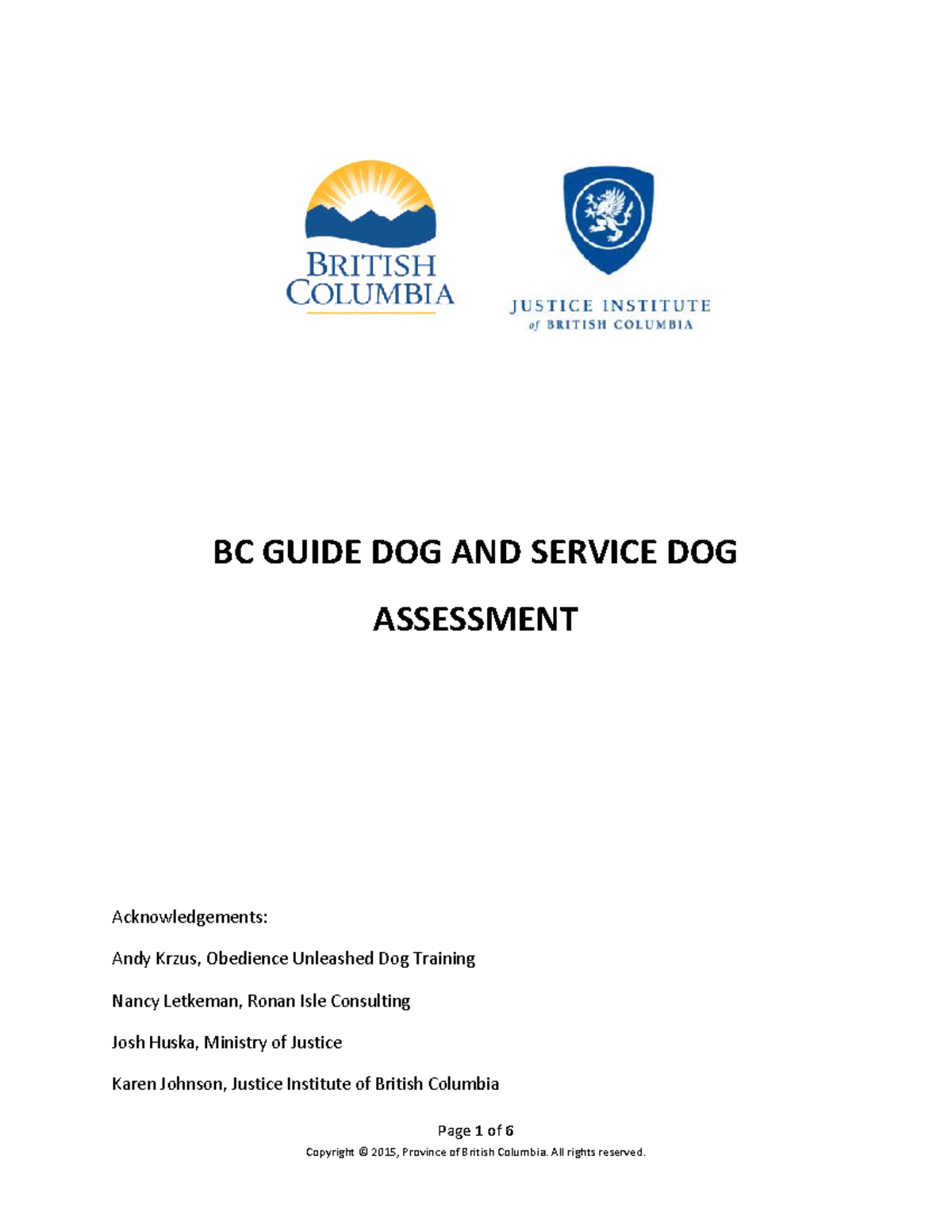 Bc guide dog service dog assessment - Page 1 of 6 BC GUIDE DOG AND ...