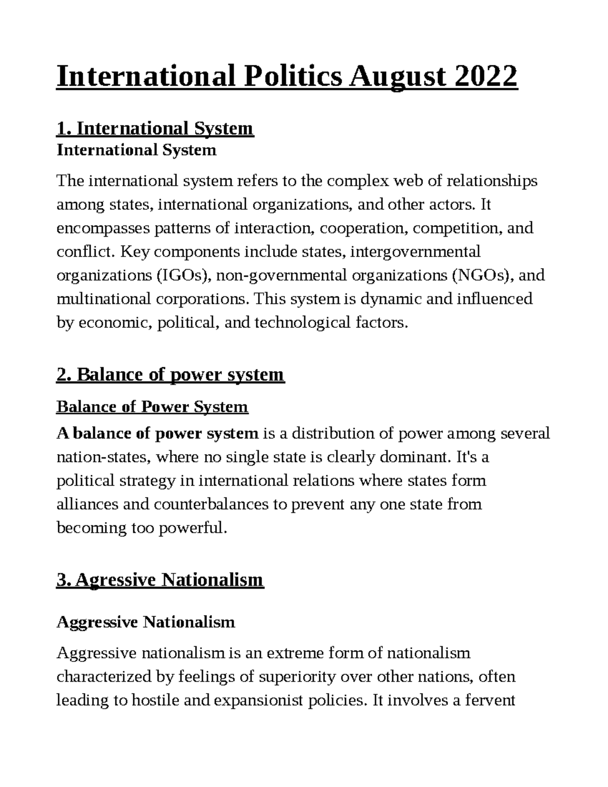 Polictics sem 4 qp 1 - Notes - International Politics August 2022 1 ...