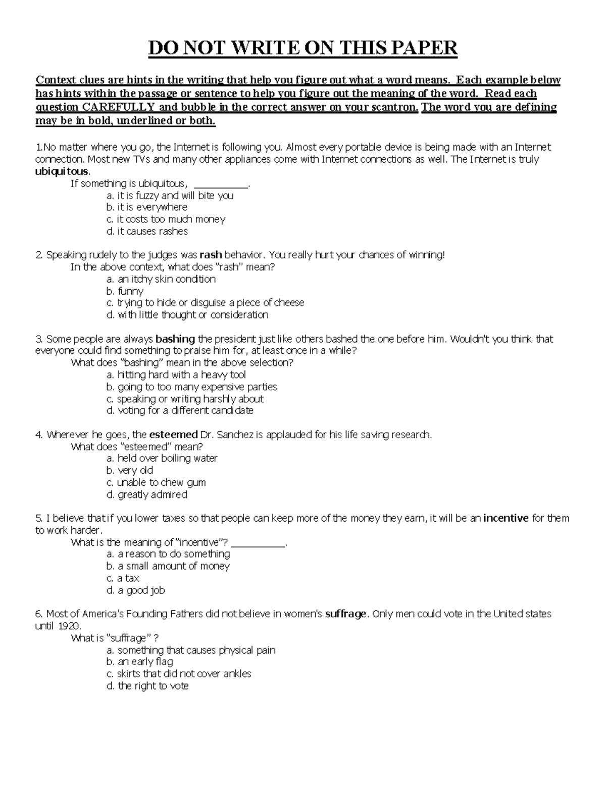 context clues for Grade 5 - DO NOT WRITE ON THIS PAPER Context clues ...