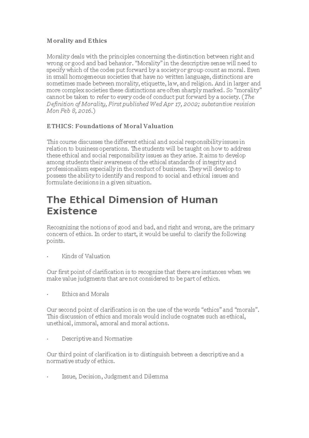 Morality-and-Ethics - Lecture notes 1-3 - Morality and Ethics Morality ...