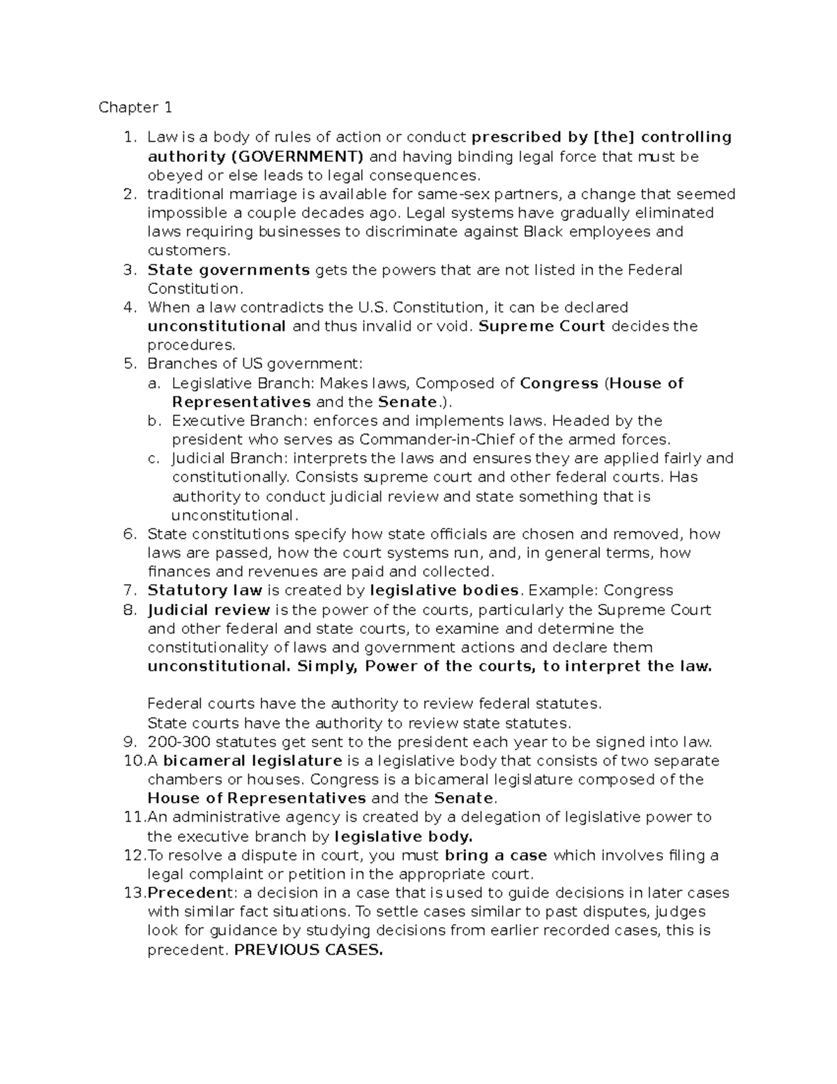 Exam Review 1 - Chapter 1 1. Law is a body of rules of action or ...
