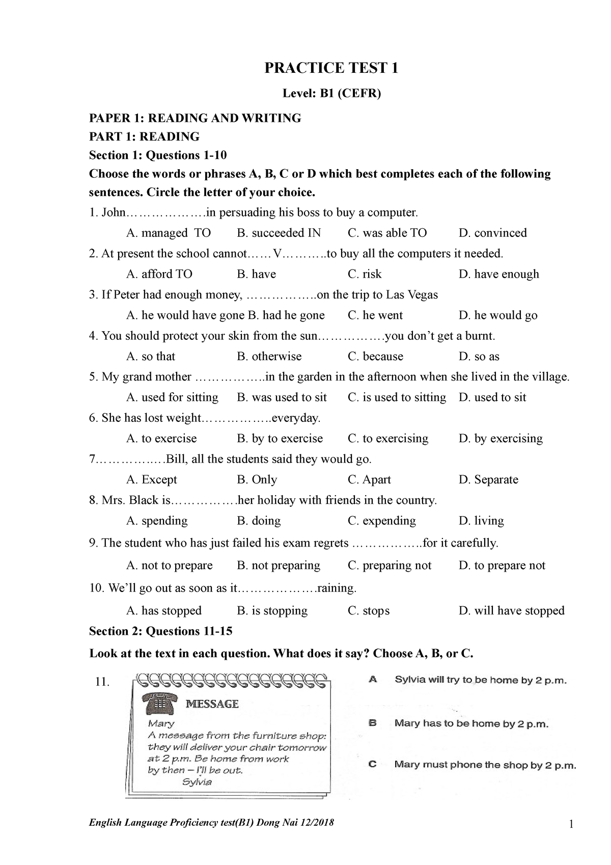 Bài Luyện B1 Mẫu - PRACTICE TEST 1 Level: B1 (CEFR) PAPER 1: READING ...