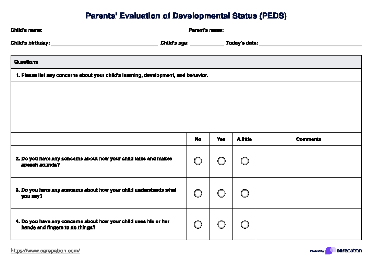 Parents evaluation of developmental status - No Yes A little Comments v ...
