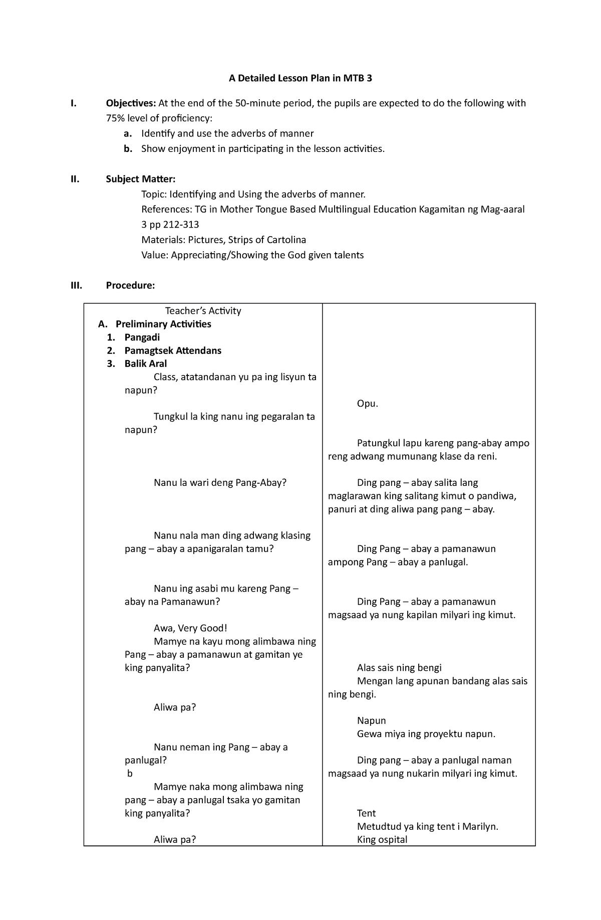 Cot Mtb Lp Rd Quarter Docx Semi Detailed Lesson Plan In Mtb Mle I Objectives Identify 8974