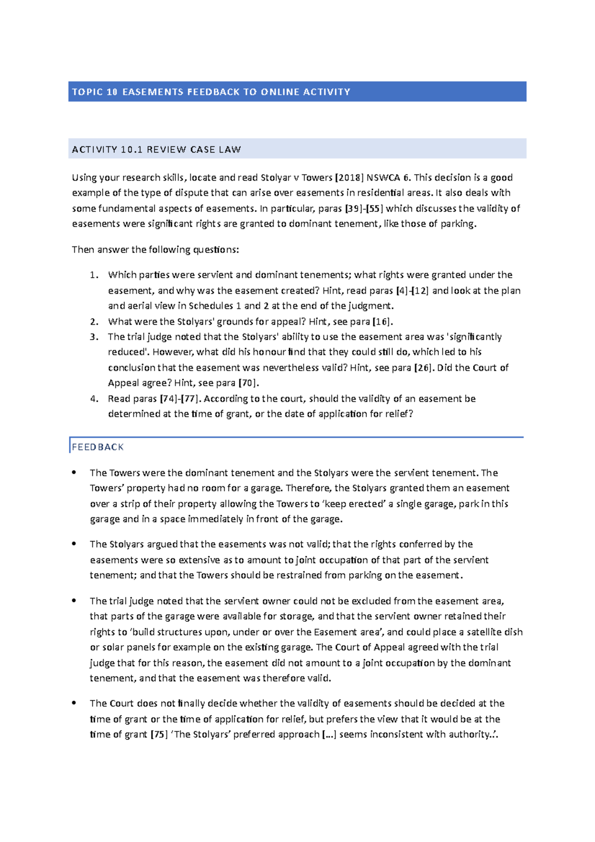Easement Practice Questions TOPIC 10 EASEMENTS FEEDBACK TO ONLINE