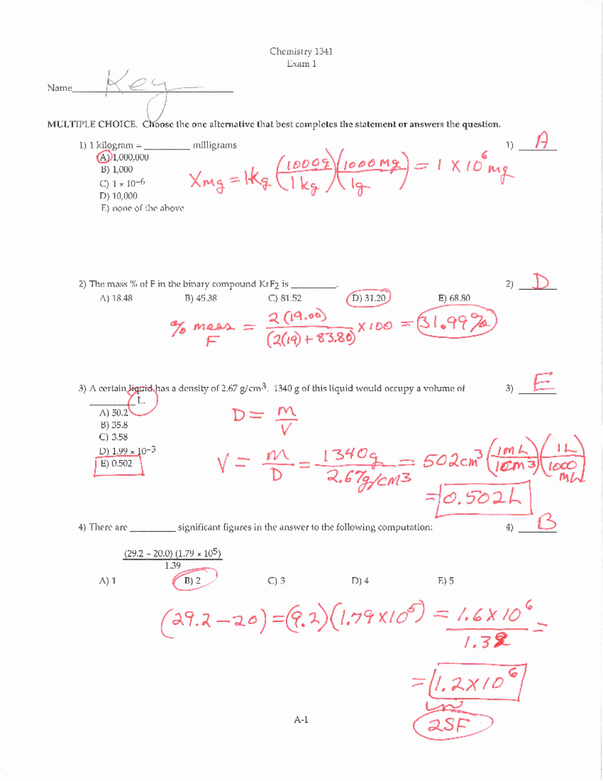 1341 Practice Exam 1 Worked Solutions Key - '\IIlhichone of the ...