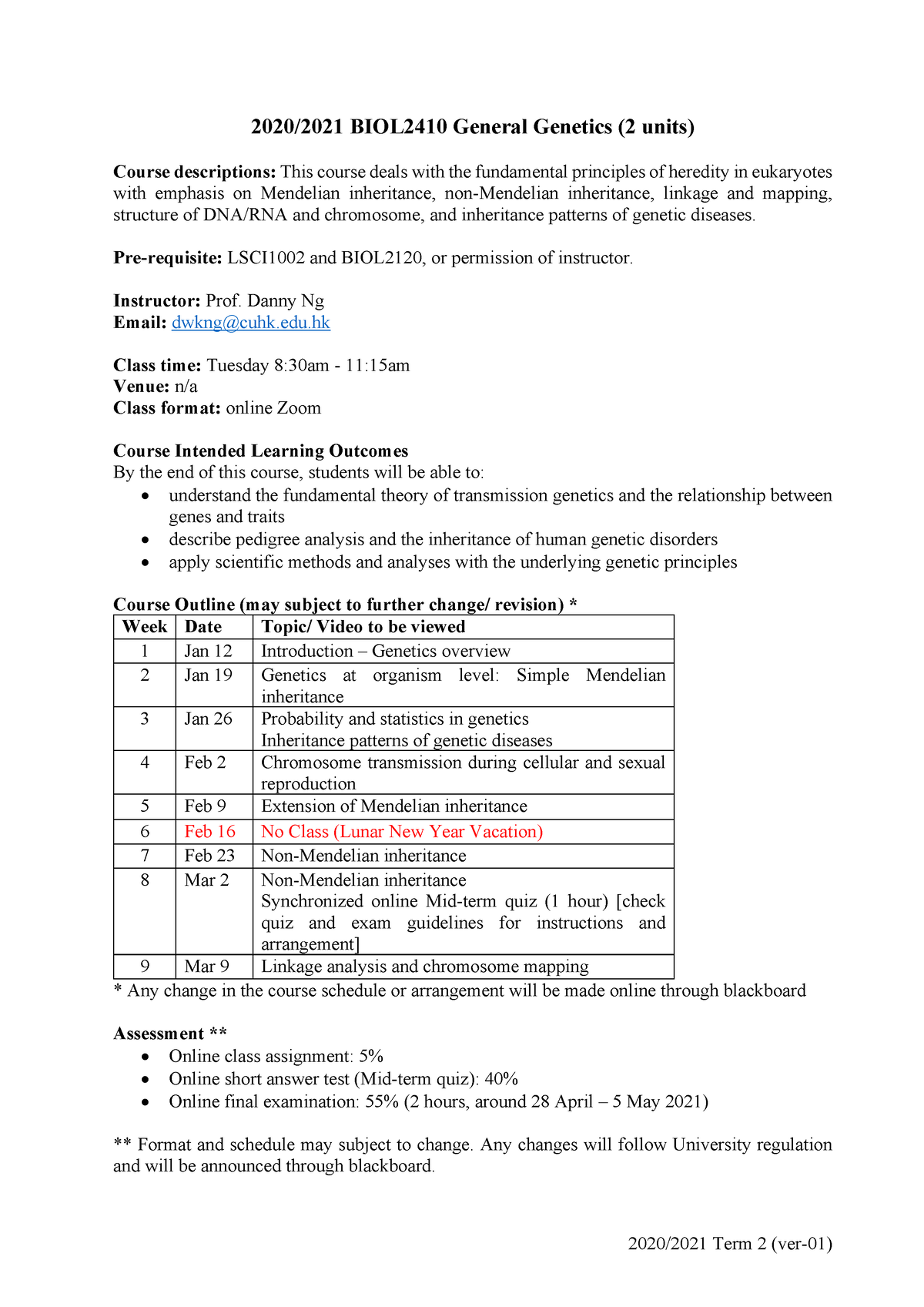 20-BIOL2410 General Genetics Syllabus-ver1 - 2020/2021 Term 2 (ver-01 ...