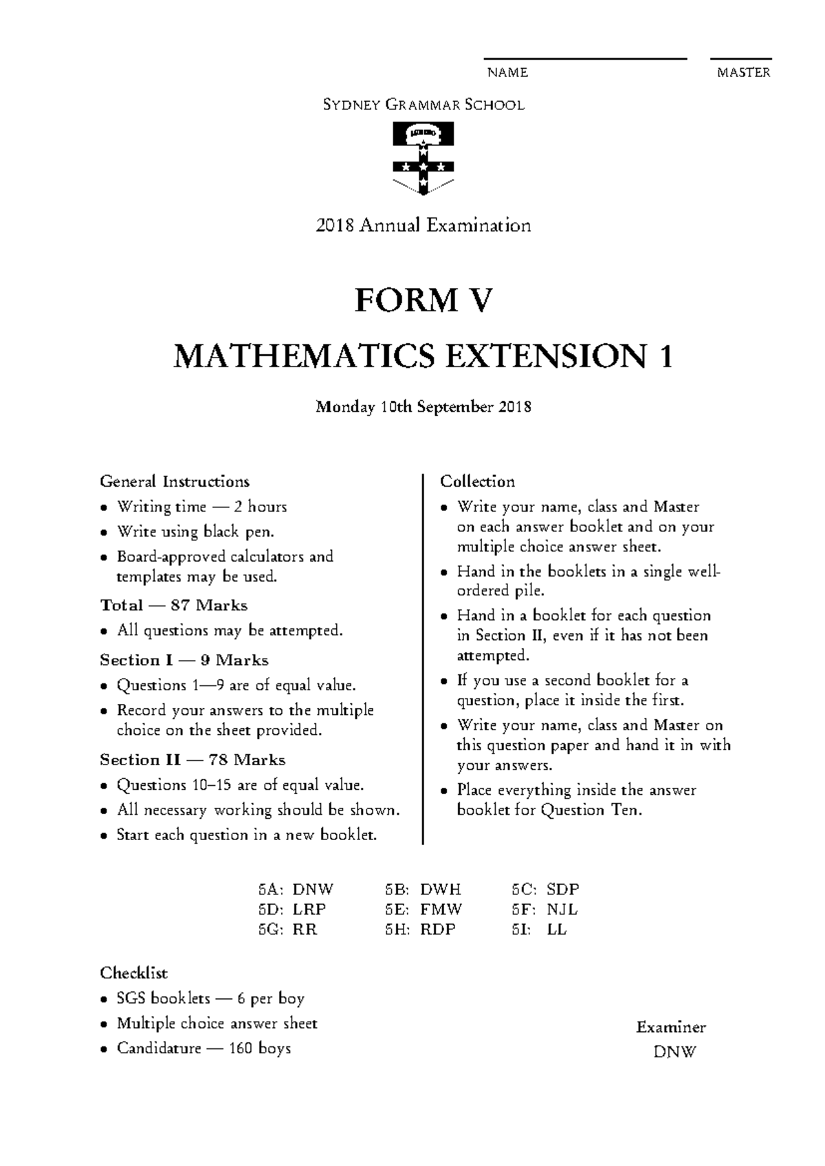 Form V Extension 1 Annual 2018 - NAME MASTER SYDNEY GRAMMAR SCHOOL 2018 ...